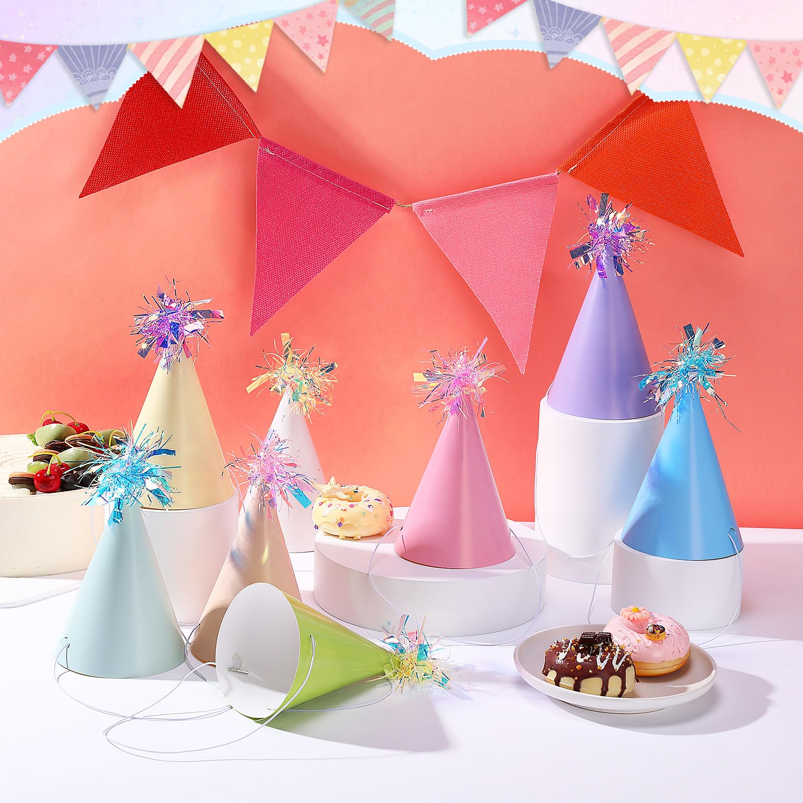 Soulchen Pastel Rainbow Birthday Party Hats Macaron DIY Paper Cone Hats with Elastic String Rainbow Party Headwear