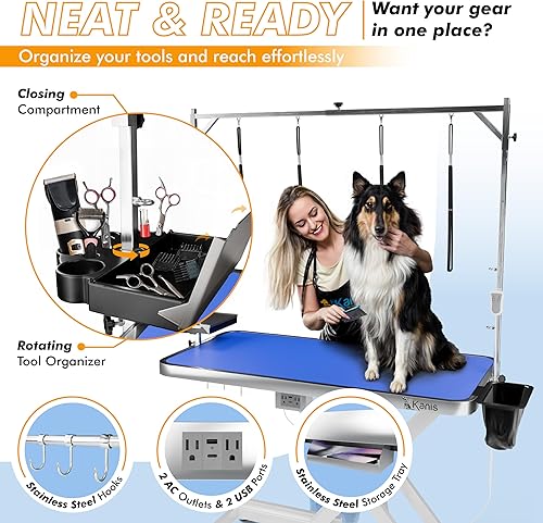 Miniatura 7 de KANIS Mesa eléctrica profesional de aseo para perros de 49 pulgadas, resistente, altura ajustable, con ruedas de nivelación, brazo de aseo para
