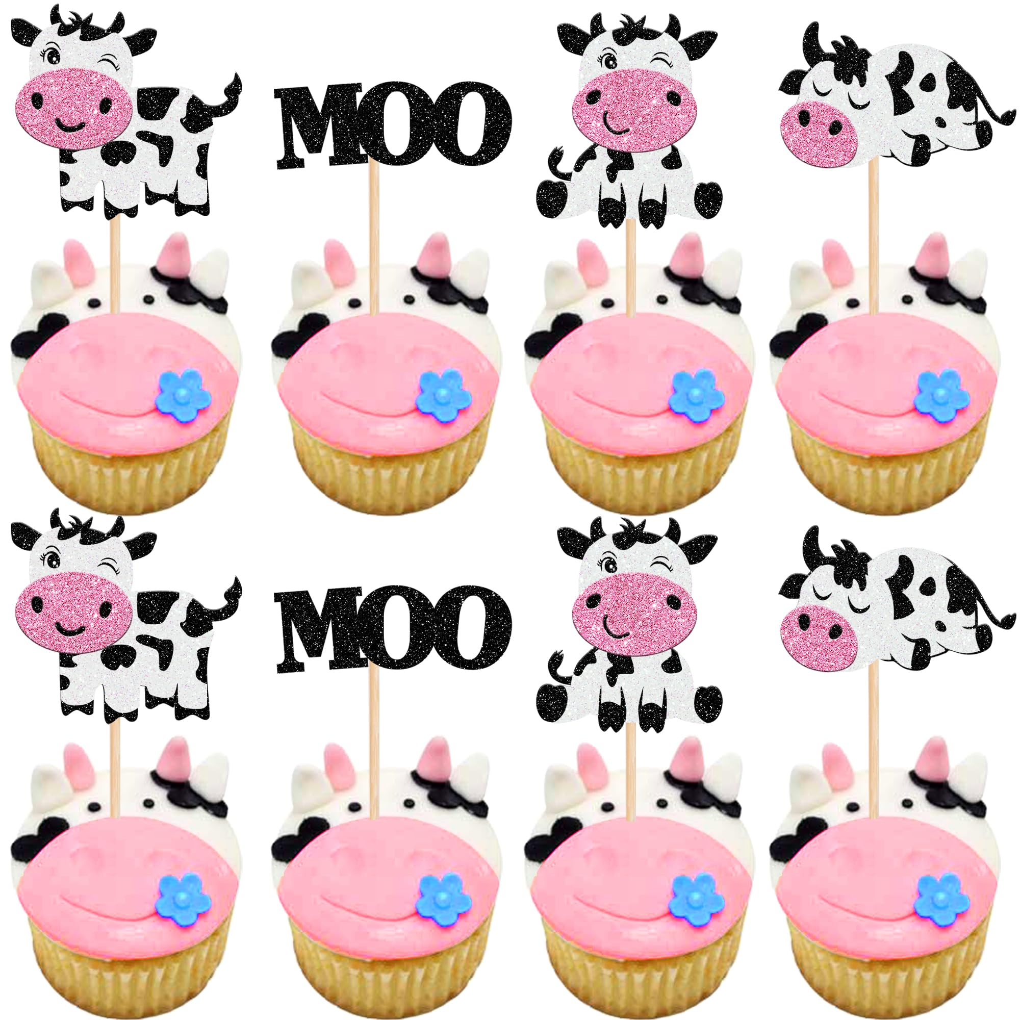 24 PCS Cow Cupcake Toppers Glitter Farm Animals Moo Cupcake Picks Cow Theme Baby Shower Kids Birthday Party Cake Decorations Supplies