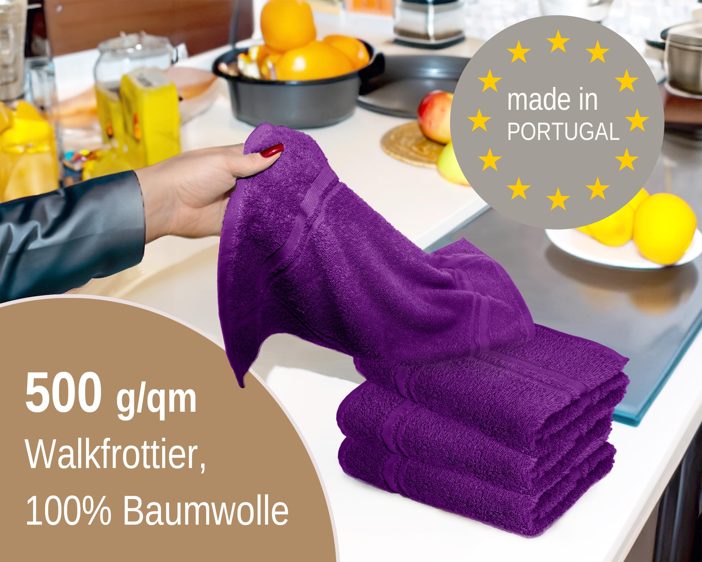 Lashuma Lot de 4 torchons de cuisine éponge 50 x 50 cm, 100 % coton, 450 g/m², violet aubergine