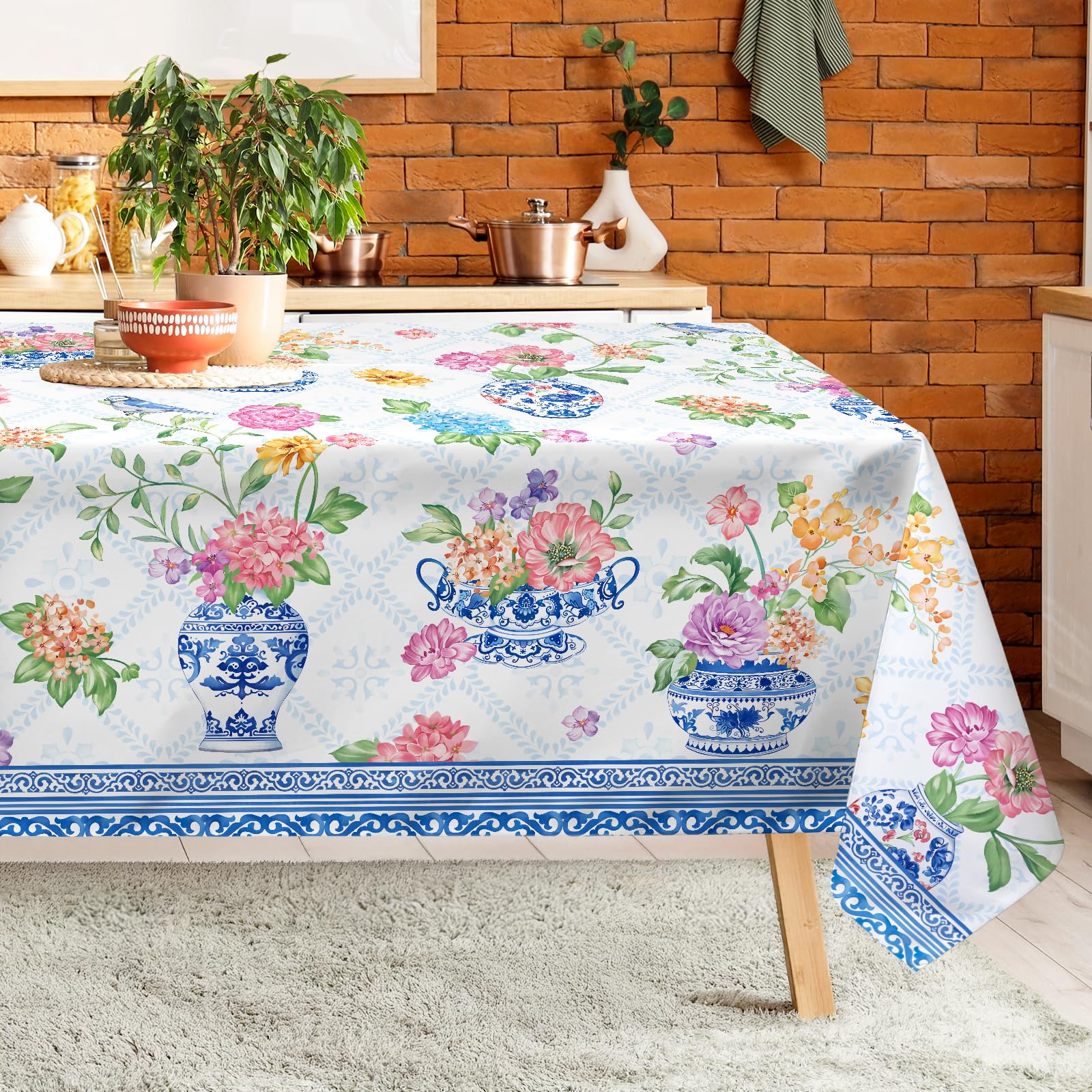 Arquiel Hortensie Tischdecke Rechteckig Abwaschbar Blau Blume Tischdecken Polyester Wasserabweisend, Frühlings Sommer Tischwäsche Dekoration für Küche Garten Party, 152×213 cm