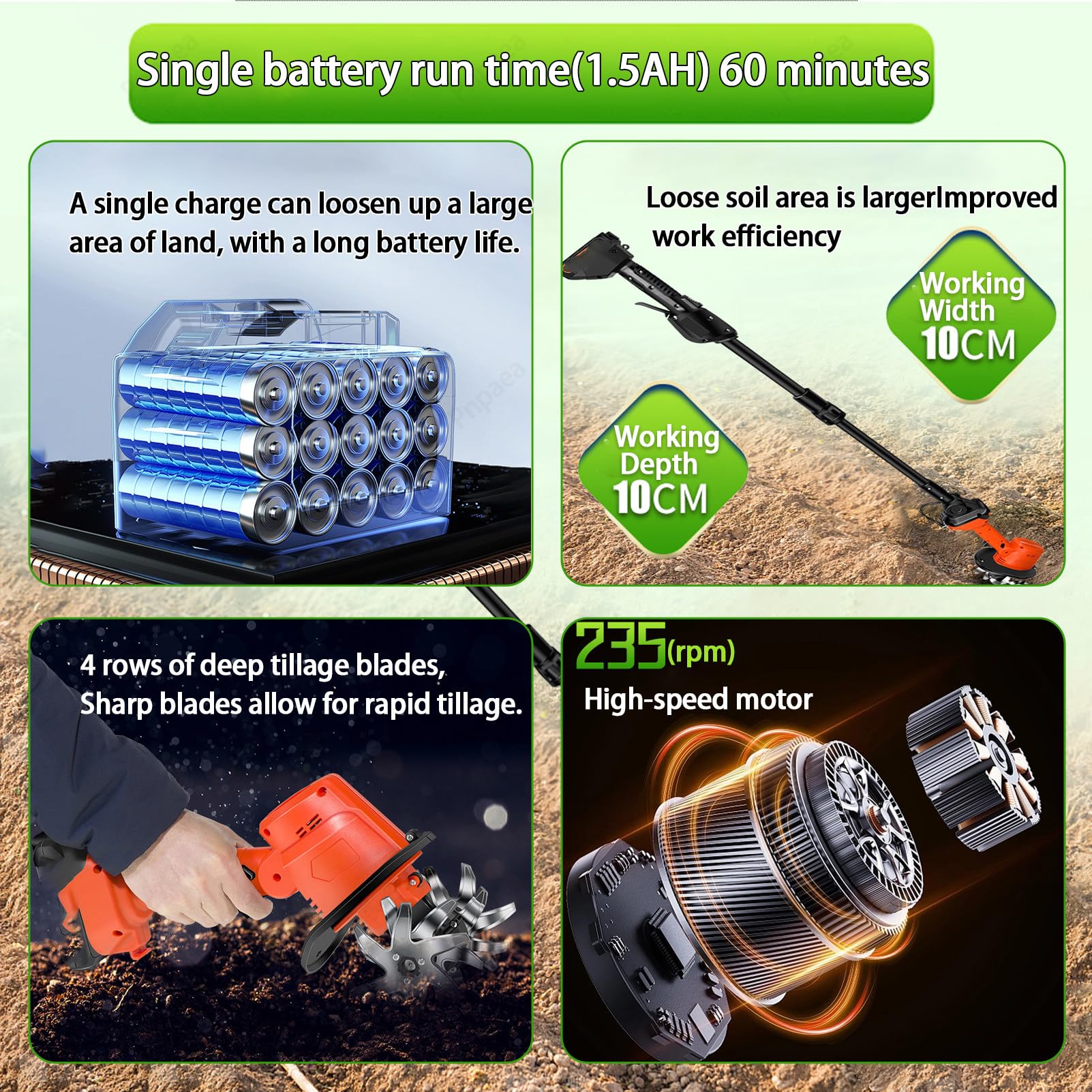 Motoazada Eléctrica, 21V Motoazada Bateria con 2 Baterías 1500mAh, Motocultor Electrico Sin Cable con 4 Cuchillas de Metal, Motoazada con Cargadores para Huerto Green-