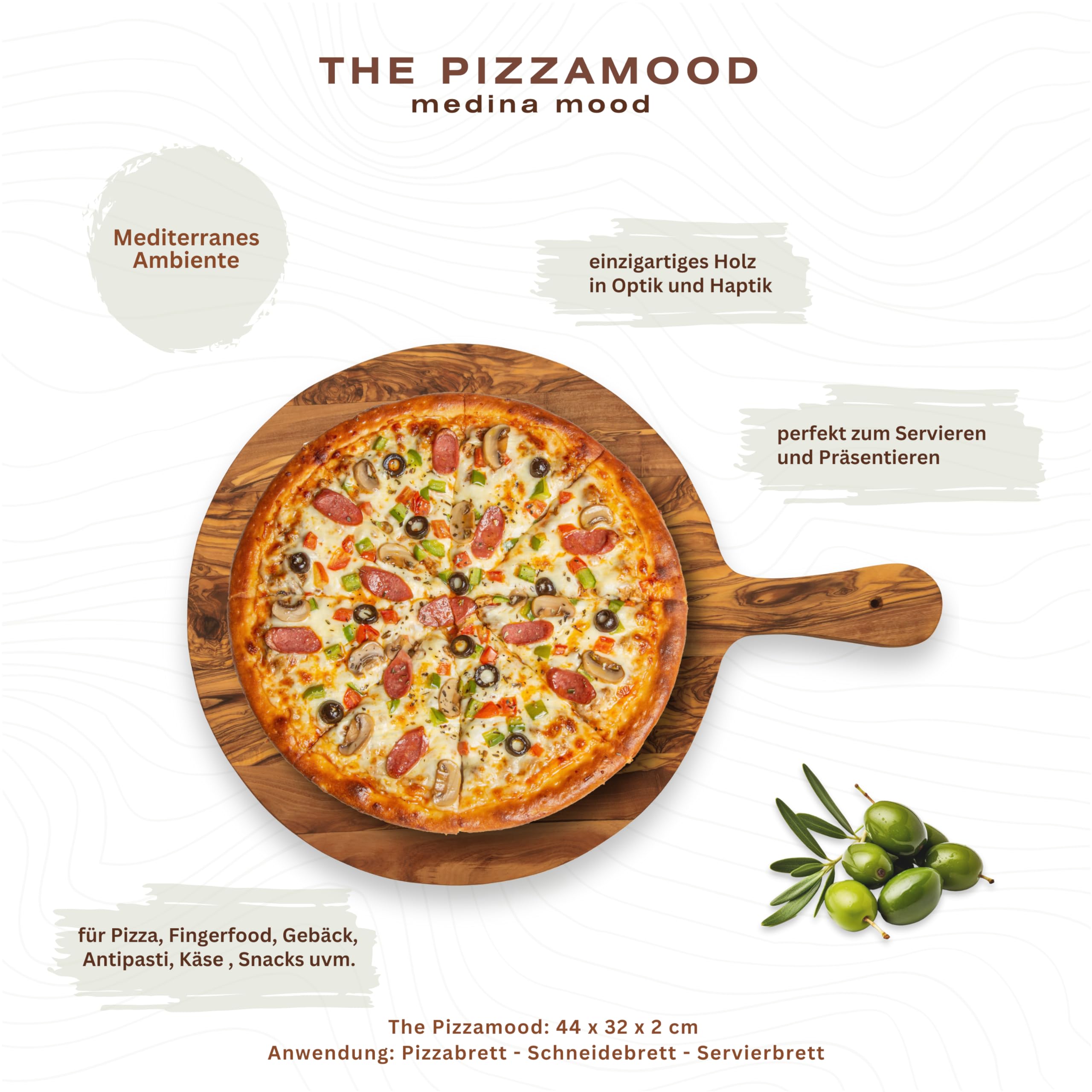 Wysokiej jakości deska do serwowania z uchwytem "The Pizzamood" – z ręcznie wykonanego drewna oliwkowego, średnica Ø 32 cm, długość 44 cm, talerz do pizzy, deska do pizzy