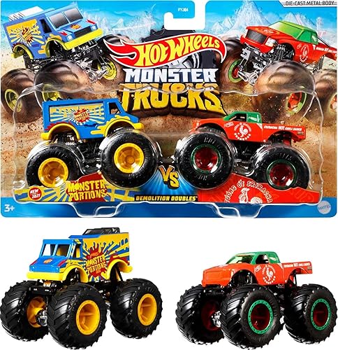 Hot Wheels Monster Trucks 2-Pack, Demolition Doubles Set of 2 Toy Vehicles in 1:64 Scale, for Kids & Collectors (Styles May Vary)