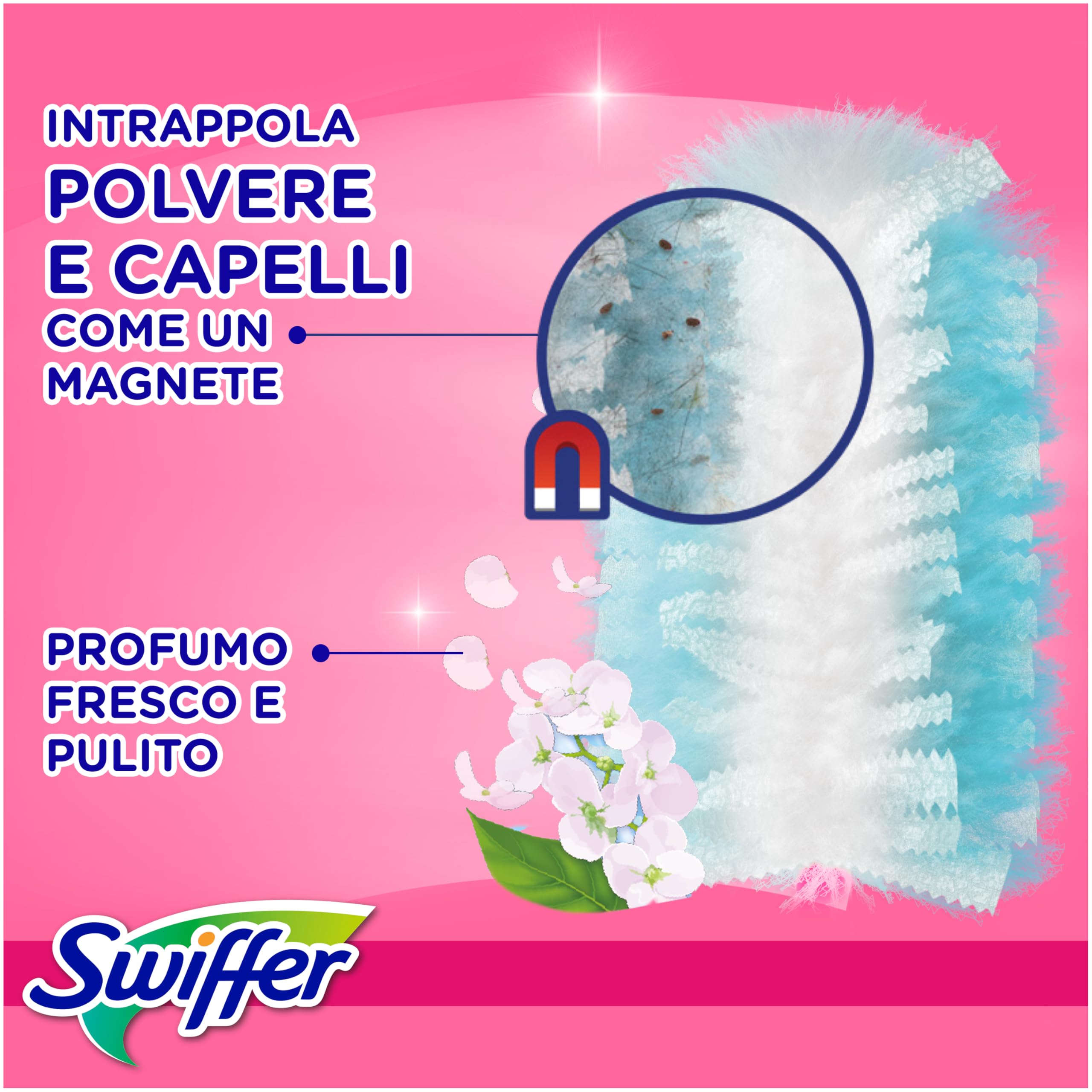 Swiffer Pink Duster Piumini Catturapolvere, 54 Piumini, Cattura e Intrappola Polvere e Sporco, Raggiunge i Punti Più Difficili della Casa, Piumini con 45% di Fibre Riciclate