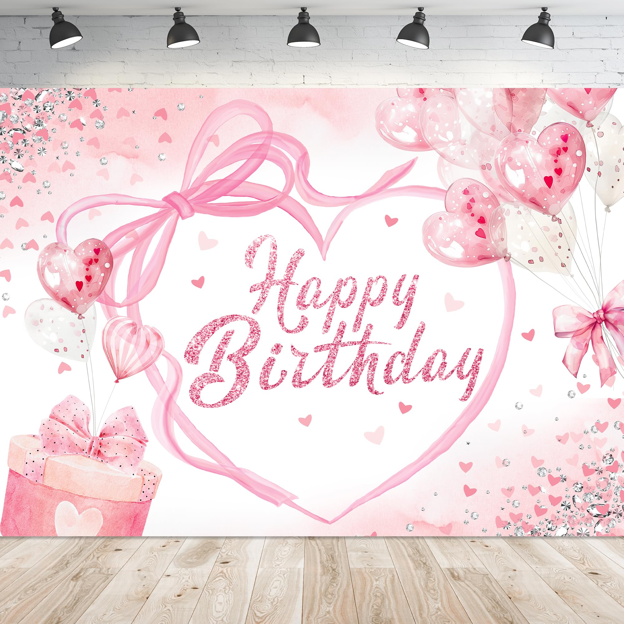 Newsely Coquette Happy Birthday Backdrop 8Wx6H Photography Pink Bow Heart Balloons Preppy Diamonds Sweet Princess Background for Girls Bachelorette