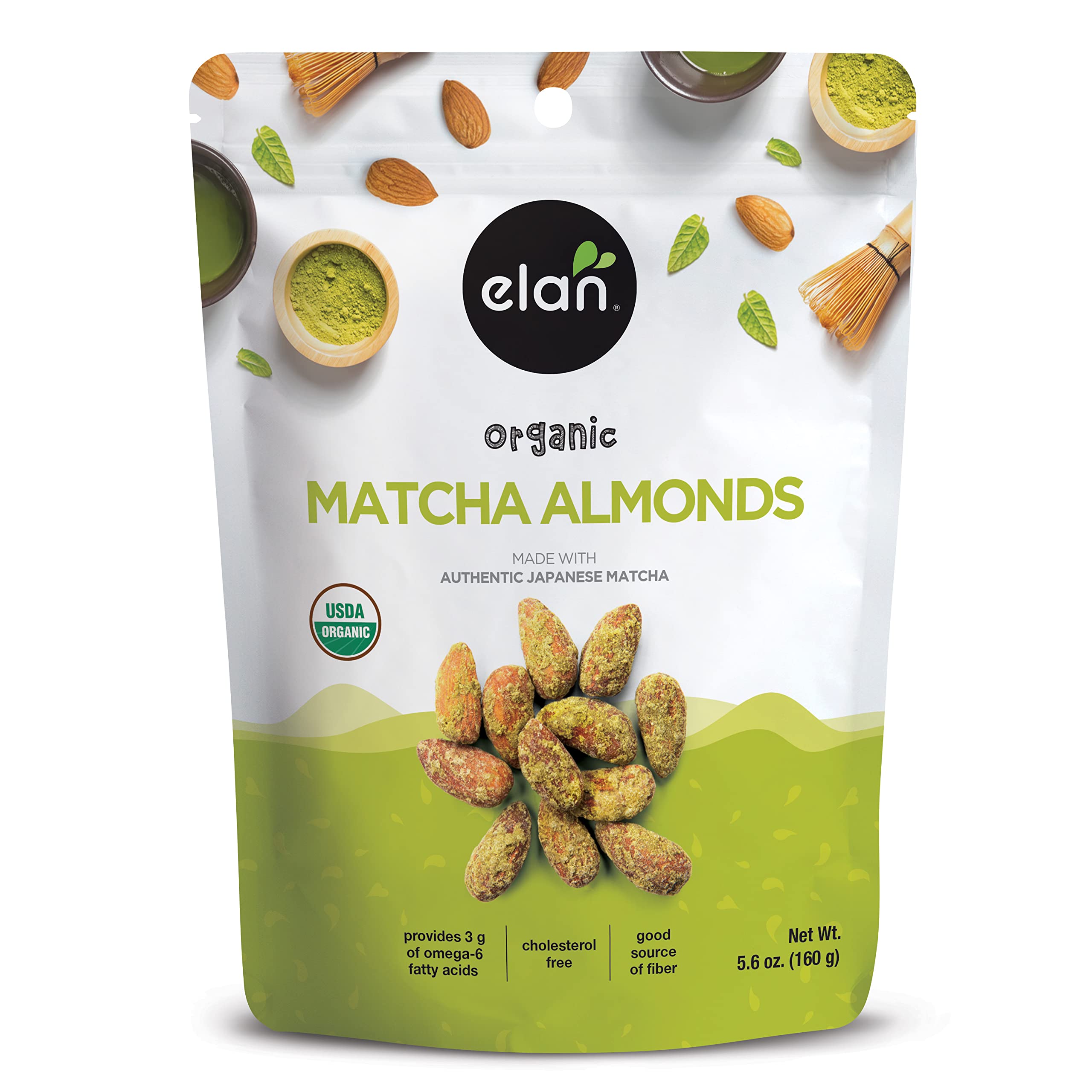 Elan Organic Matcha Almonds, 5.6 oz, Non-GMO, Gluten-Free, Vegan, Kosher, Superfood Infused Nuts (Roasted Almonds, Coconut, Matcha Green Tea Powder), Source of Antioxidants (Vitamin A)USDA Organic
