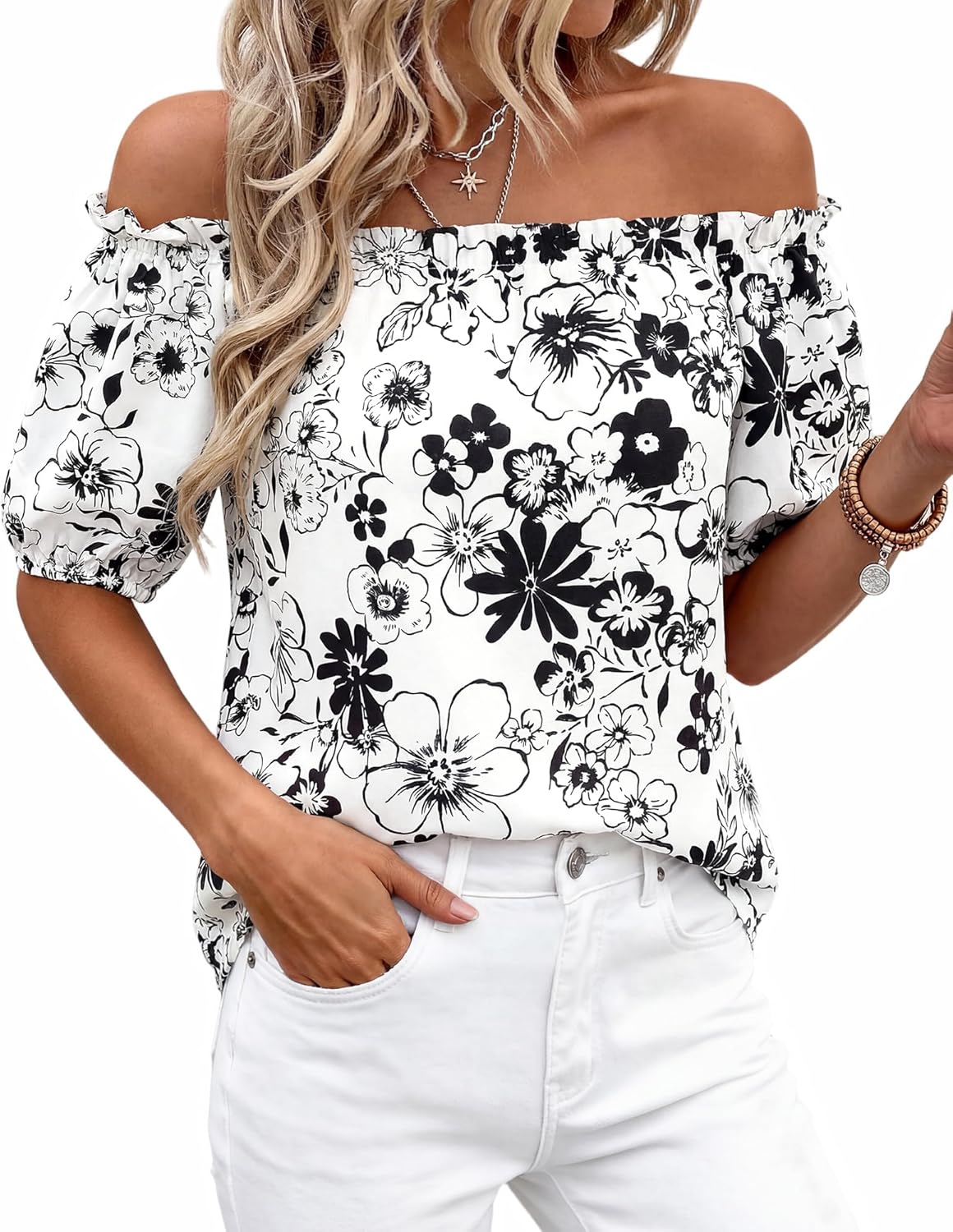 BTFBM Off The Shoulder Spring Tops for Women Summer Blouses Boho Floral Short Sleeve Shirts Dressy Casual Outfits 2026 - Image 5
