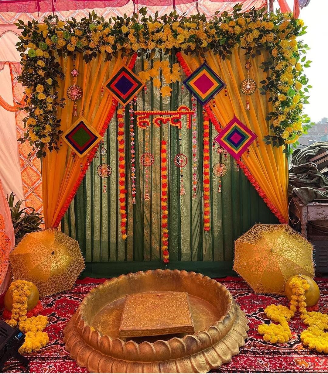 Paper Backdrop Setup for Mehndi, Haldi, Marrige, Pooja, Ganpati, Home Decoration Combo of Marigold Strings Festival Decor, 15 Cm (Haldi Backdrop)
