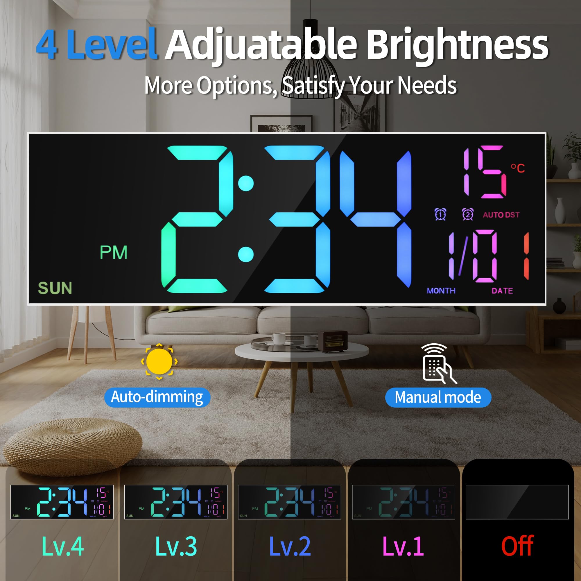 LEIKE Grande horloge murale numérique de 40,6 cm avec télécommande, double alarme pour salon, chambre à coucher, décoration de cuisine, 8 couleurs RVB, grand écran LED, luminosité automatique, date,