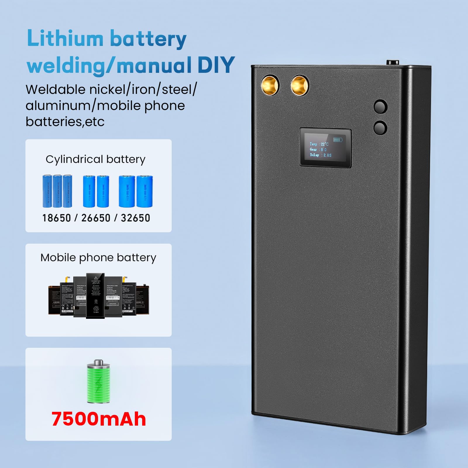 soudeuse par point, Ovshnrr 7500 mAh Mini Batterie Soudaire Spot, Affichage LCD 1,5 '' Amélioré 70 engrenages réglables avec feuille de nickel 5m