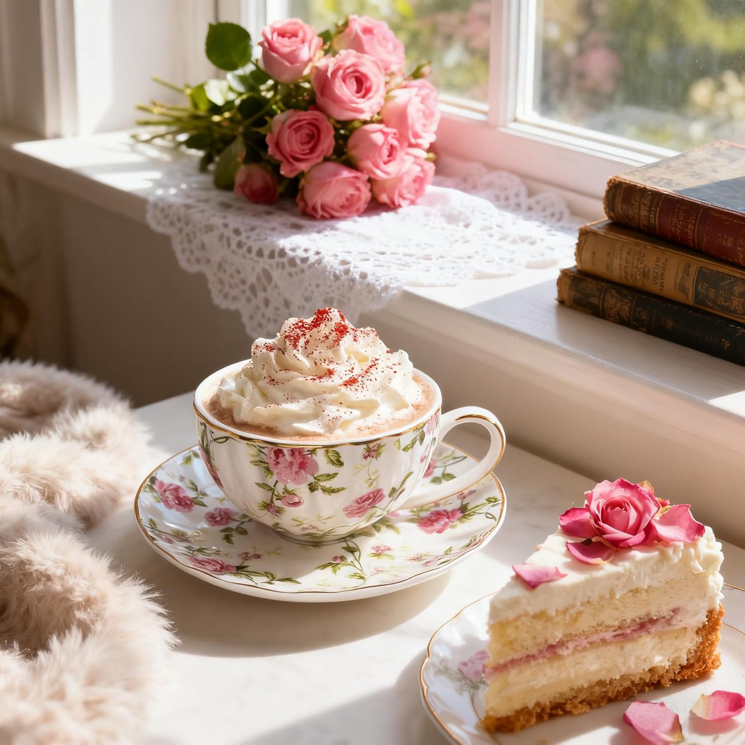 Tea Cups and Saucers Set,Bone China, 6 oz, Porcelain Coffee Cup,Cappuccino Cup,Vintage Floral Pattern,with Gold Trim, Antiqued Ceramic,for Drink Espresso,Gifts for Women,Tea Party (Forest Flowers)