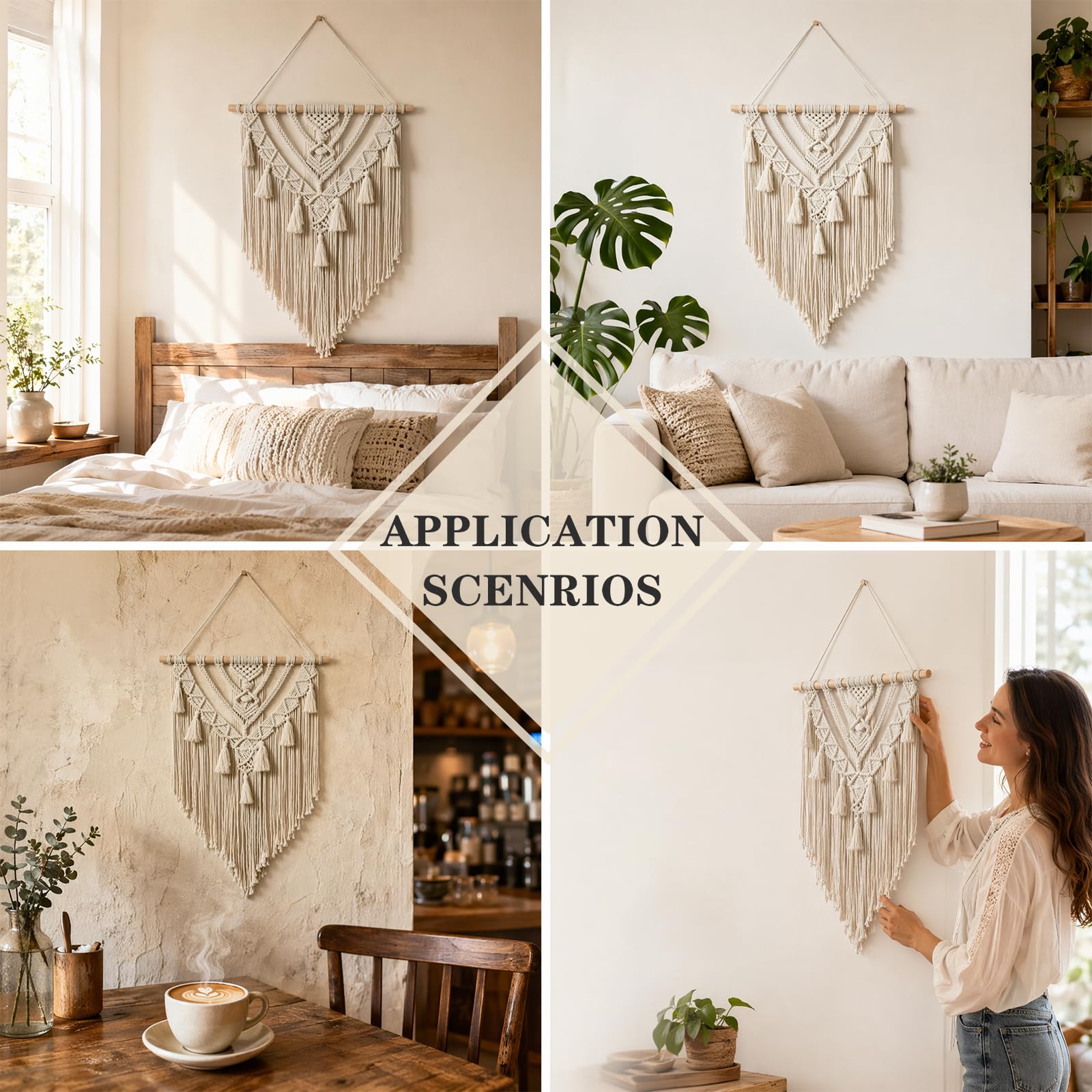 Umllpet Makrama, dekoracja ścienna w stylu boho, 70 x 40 cm, ręcznie tkany dywan ścienny z bawełny z frędzlami i drewnianym kijem, gobelin w stylu boho, do salonu, sypialni, na balkon, dekoracja
