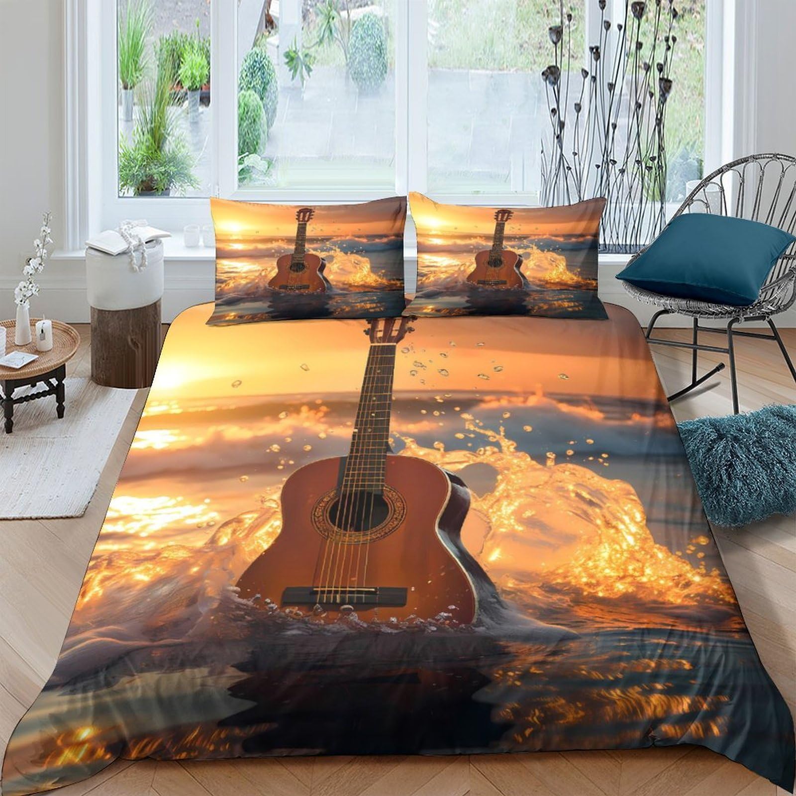 Ctjqhvkz Style-5 3D Printed Sunset Guitar Fitted Sheet Microfiber Soft Artistic Ocean Bed Cover For Bedroom Dorm Anti-Slip Single（135X200cm）