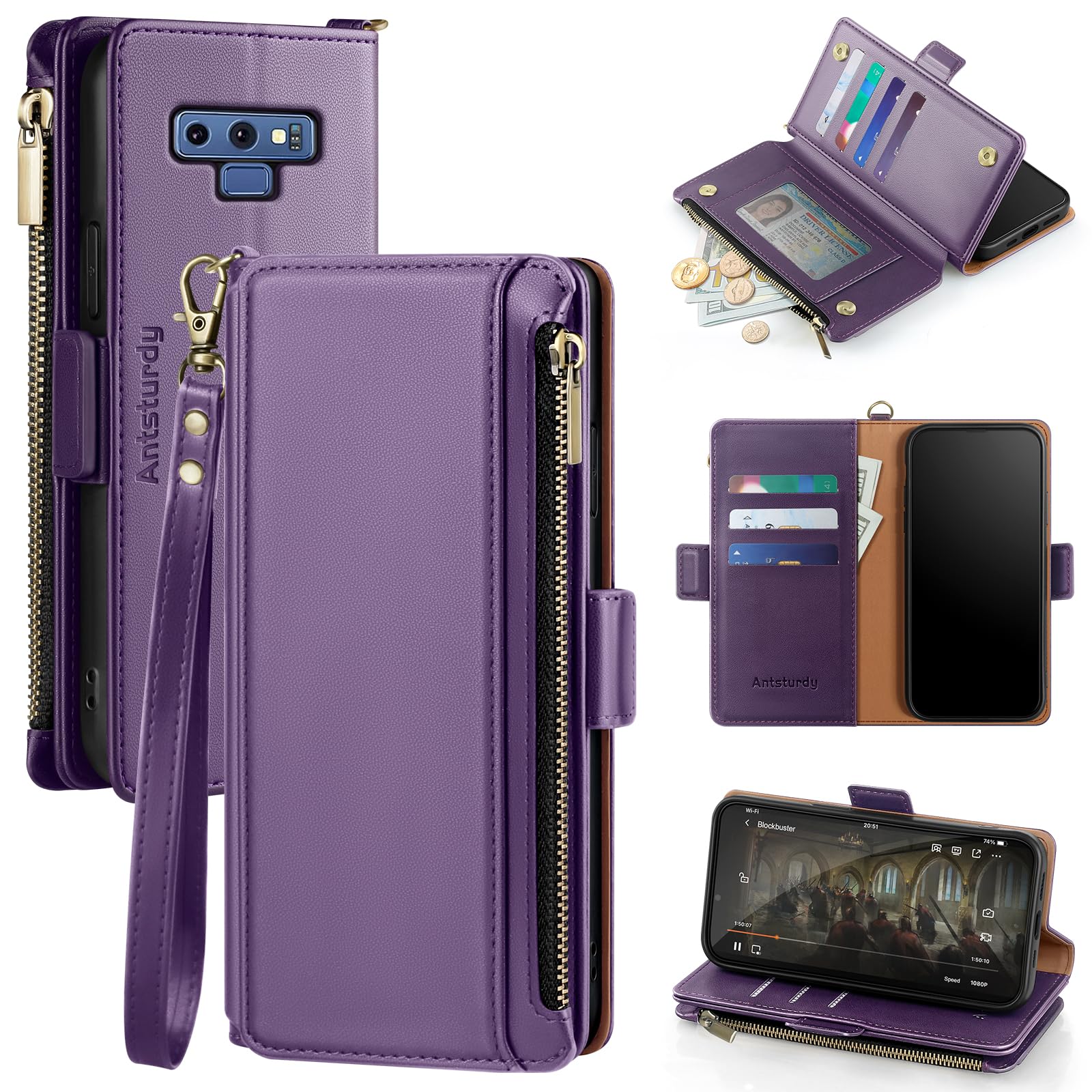 Antsturdy Compatible with Samsung Galaxy Note 9 case Wallet with Card Holder for Women Men Phone case RFID Blocking PU Leather Flip Cover with Strap
