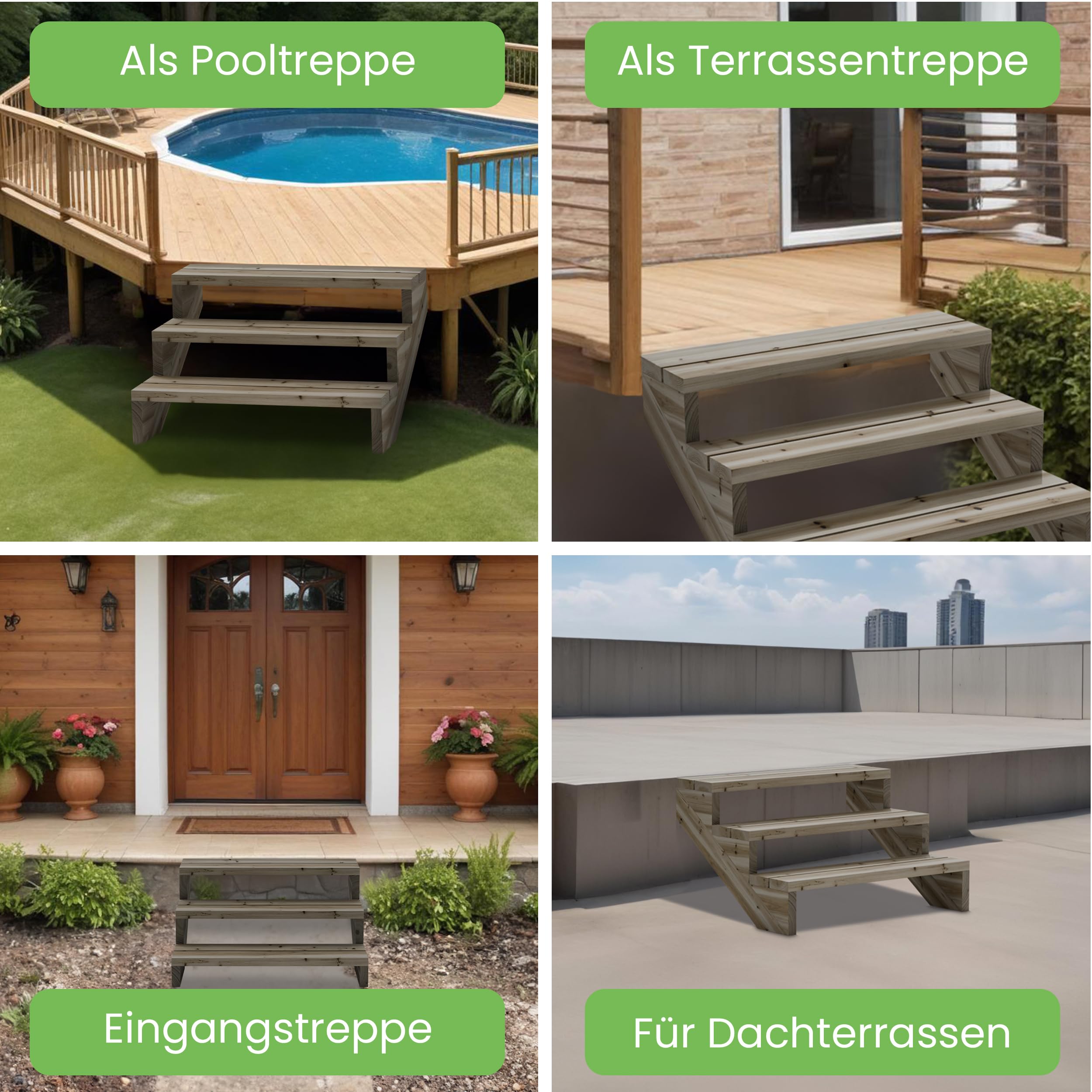 Gartenwelt Riegelsberger Escalera de terraza de pino impregnado – 95 cm de ancho, 2 peldaños, altura total 38 cm – Escalera exterior de madera maciza resistente a la intemperie con mejillas, tablones