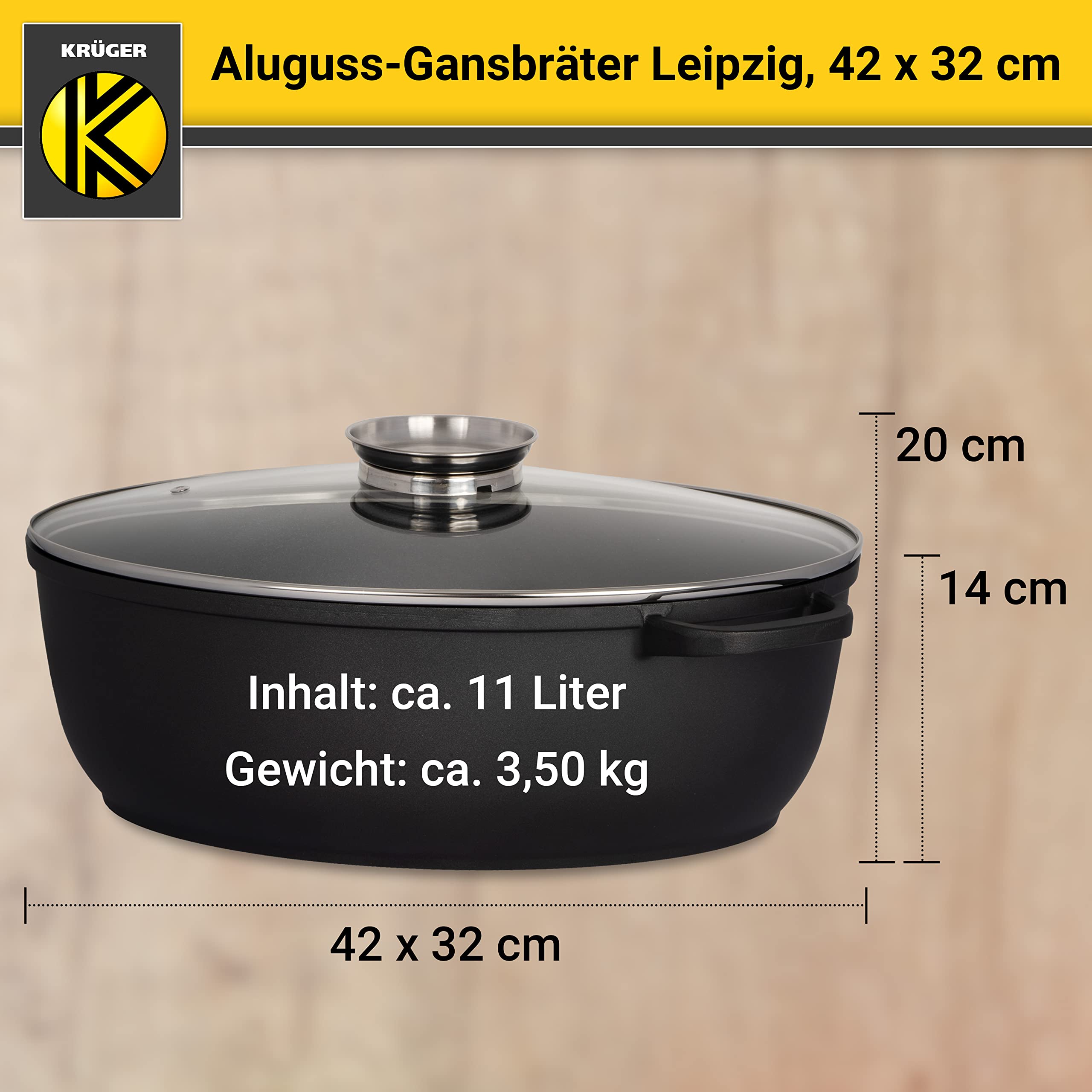 Krüger Aluguss-Bräter - Bräter mit Antihaft-Versiegelung (Aluguss-Gansbräter Leipzig - ohne Induktion (42 x 32 cm))