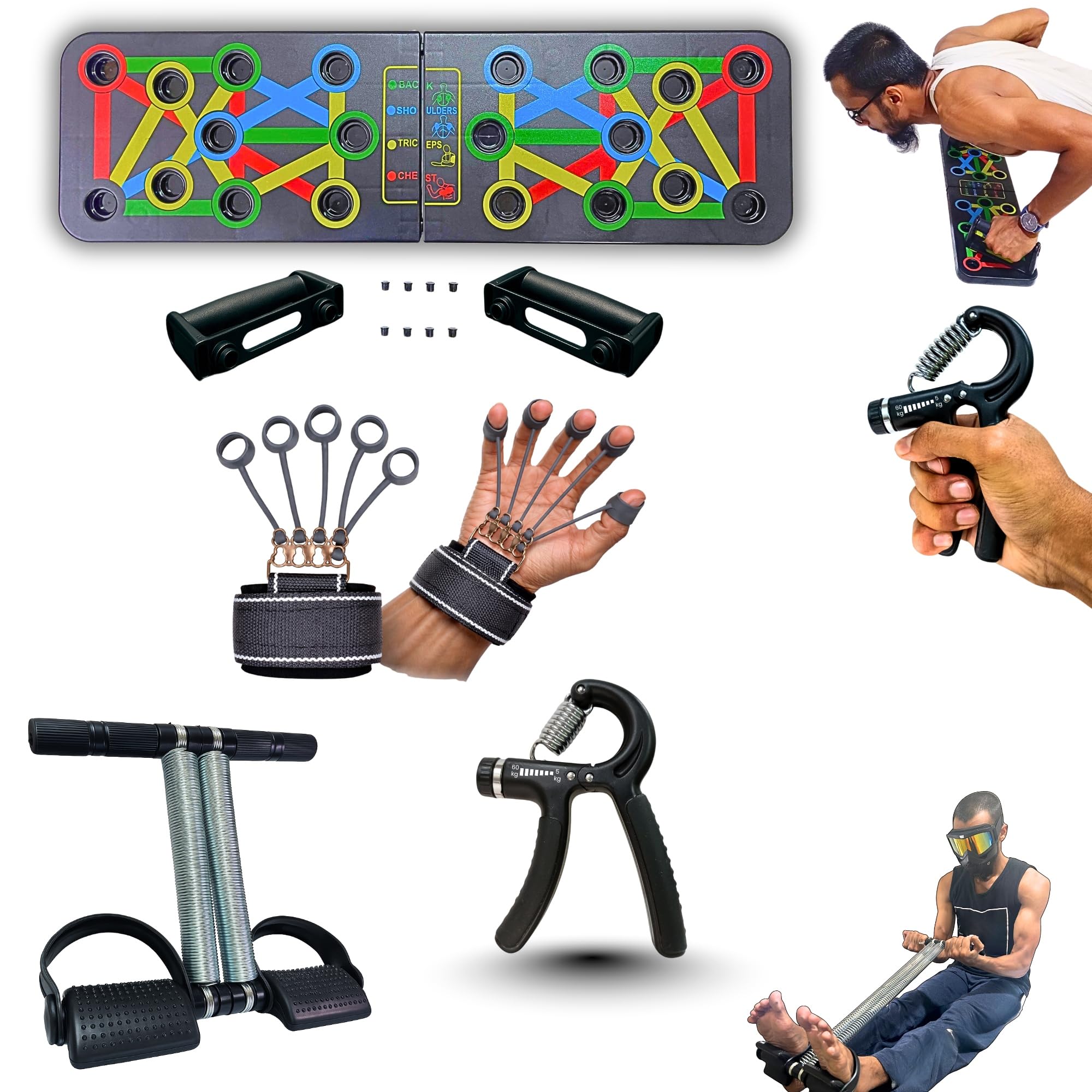 999 rs pushup board for men & women 4 in 1 kit – pushup board, hand gripper 60 kg, finger exerciser & tummy trimmer | buds push up strength training set upper body cotton | new finesse stock (all 4 items provided properly)