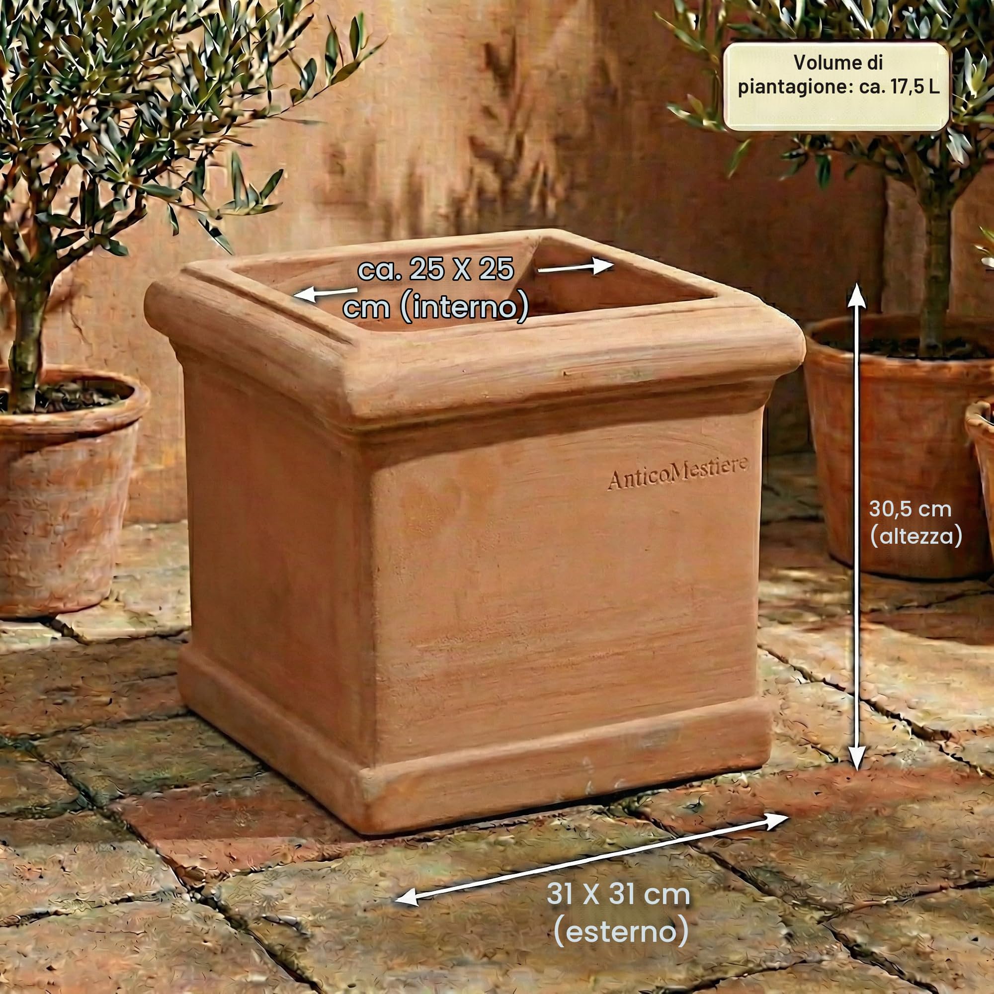 Teramico Vaso da fiori CUBO LISCIO, realizzato a mano, in terracotta, assolutamente resistente al gelo (30 cm)