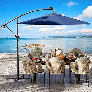 Cantilever Umbrella with Cross Base, 10FT Shade for 2-6 People, Outdoor Offset Design with Infinite Tilt and Crank Lift, Fade-Resistant Cross Base Canopy for Deck Pool Garden Backyard,Navy Blue