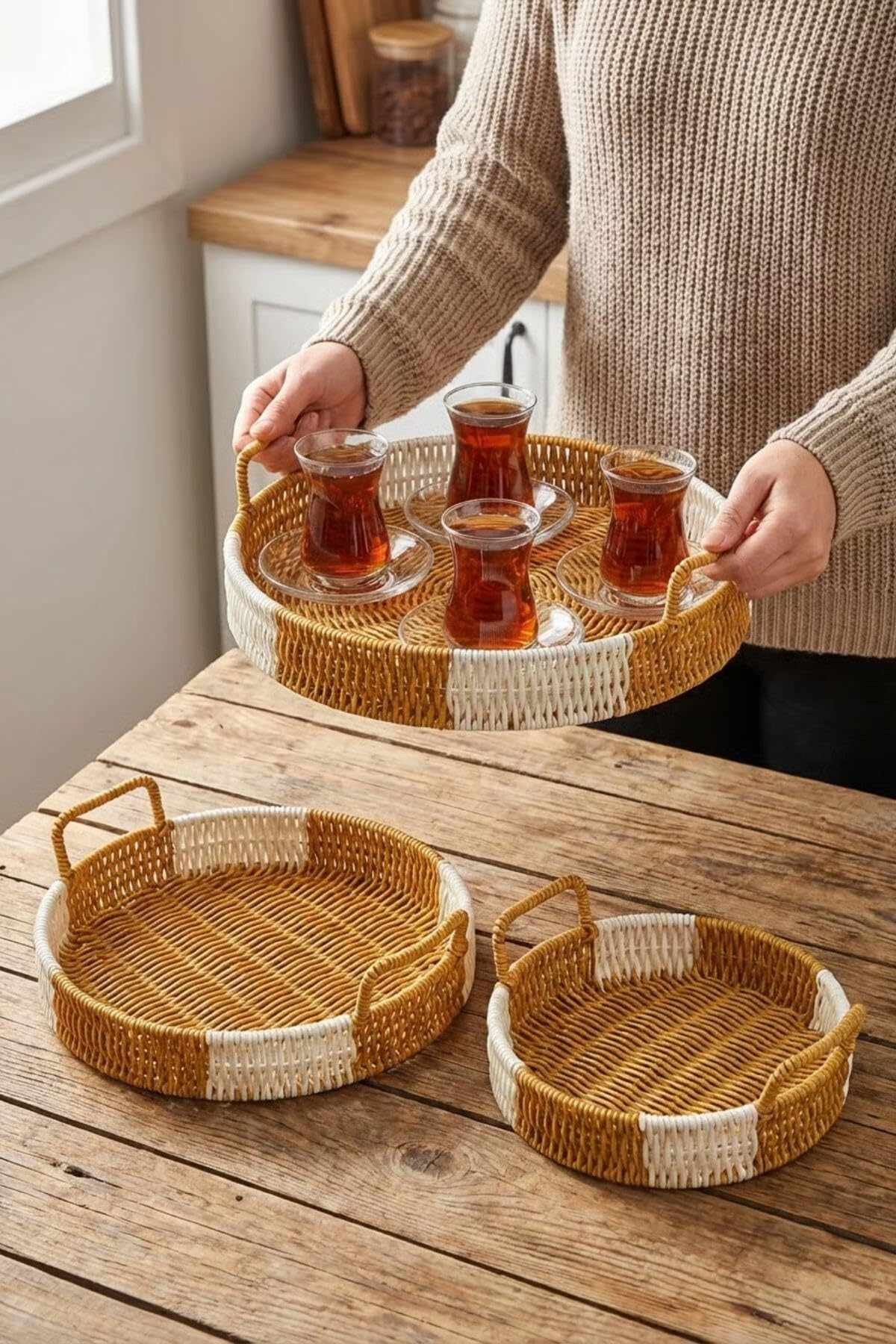 BUFFER İç İçe Geçebilen 3'lü Yuvarlak Plastik Rattan Tepsi Seti, Hasır Görünümlü, Bej, 28x31.5x35 cm, Çok Amaçlı Servis Tepsisi