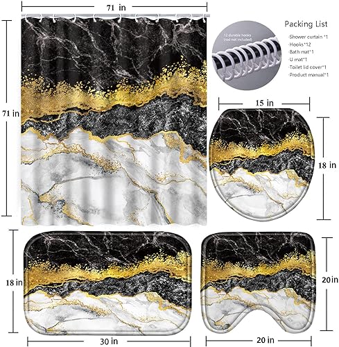 Miniatura 7 de Poedist Juego de 4 cortinas de ducha de baño con borde negro y dorado, juego de baño con cortina de ducha y alfombras (tapete de baño, forma de U y