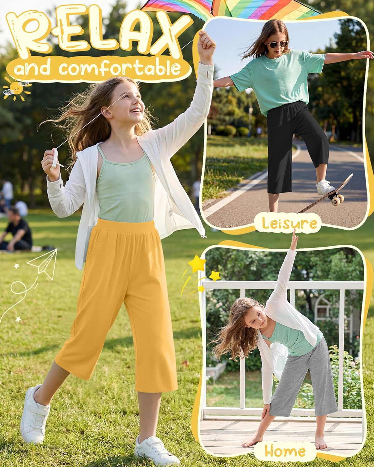 4 Pack Girls' Capri Pants Wide Legs Capris with Pockets Elastic Waist Workout Yoga Pants Loose Sweatpants for Kids