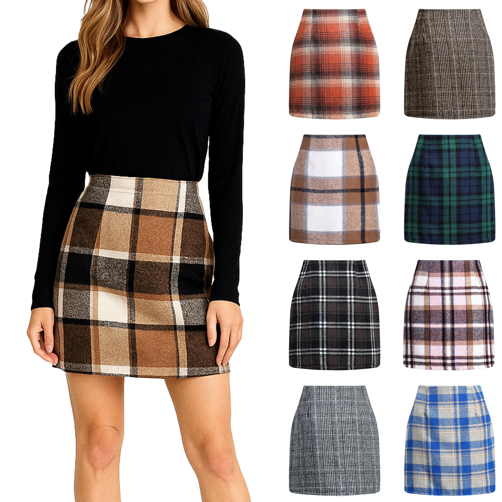 Womens High Waist Plaid Skirt Mini Bodycon Pencil Skirts Stretch Zip Up Comfort Flannel Fall Fashion