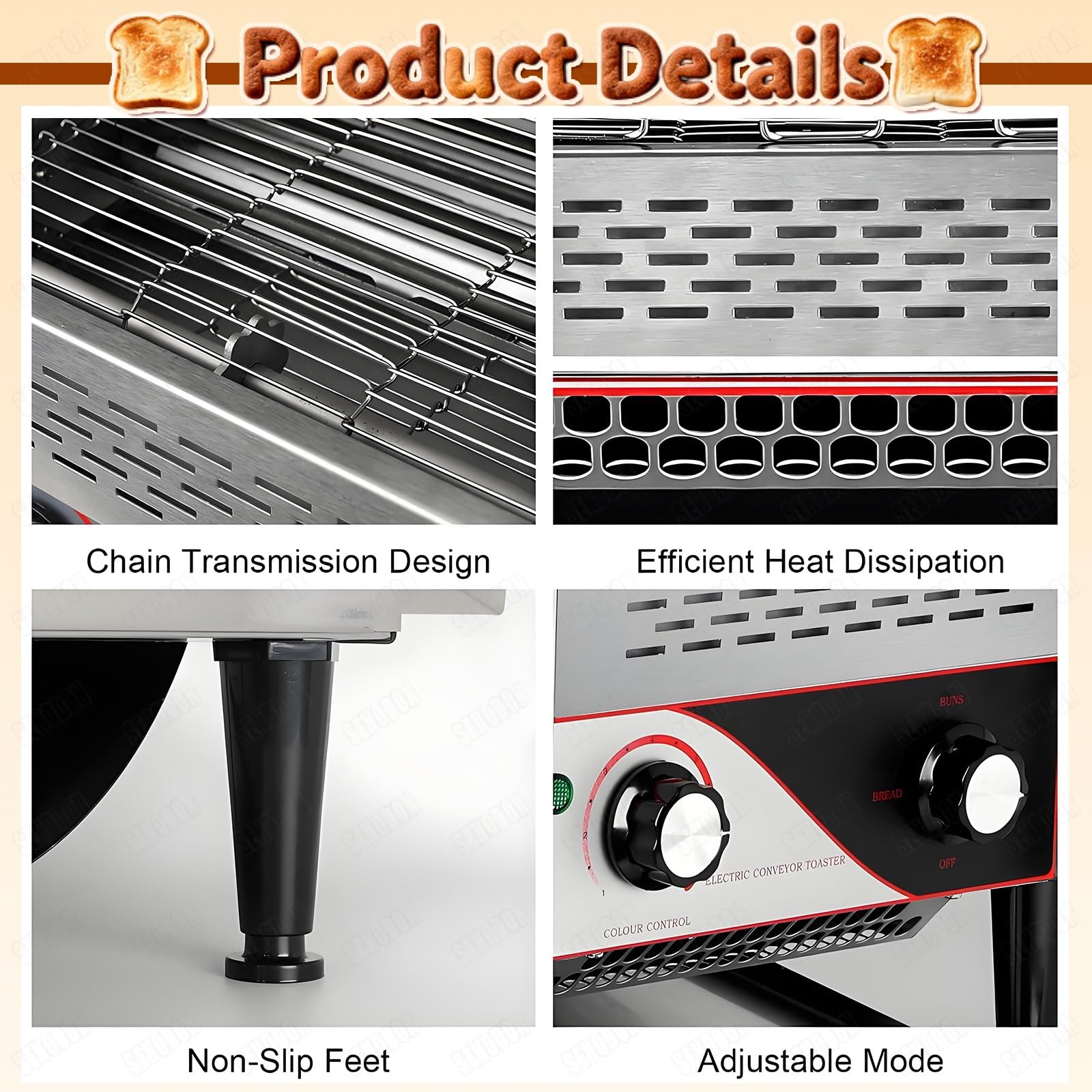 Tostapane professionale a nastro inox 150/300/450 fette/ora, 7 velocità regolabili, ideale per croissant, panetterie e caffetterie(150 Slices/H)