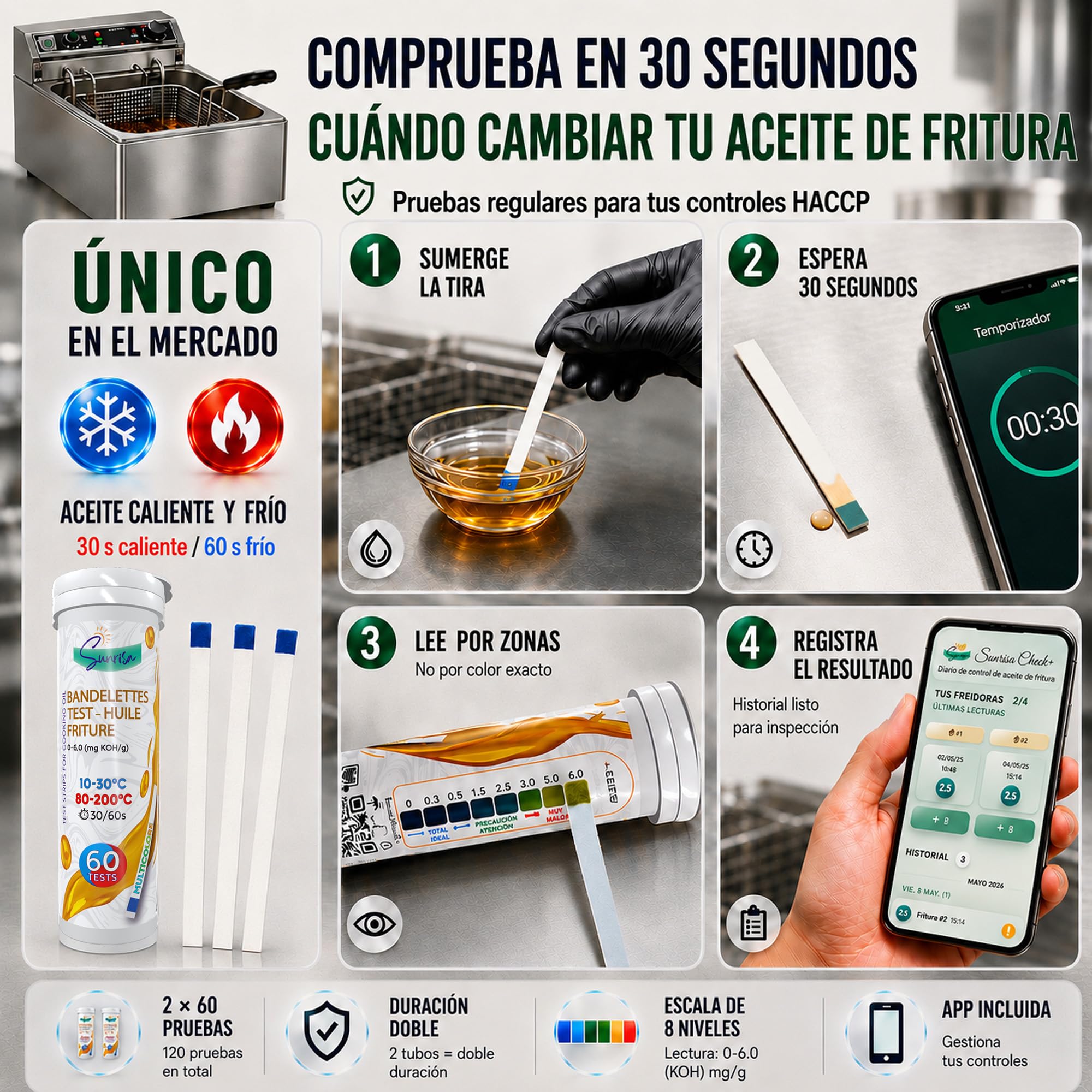 CALOR&FRÍO | 120 Tiras Reactivas Aceite Freidora y Fritura | Medir en solo 30seg | 2 Tubos Larga Conservación | Certificación ISO 9001 | Cumple APPCC | APP Web FFA KOH Pro