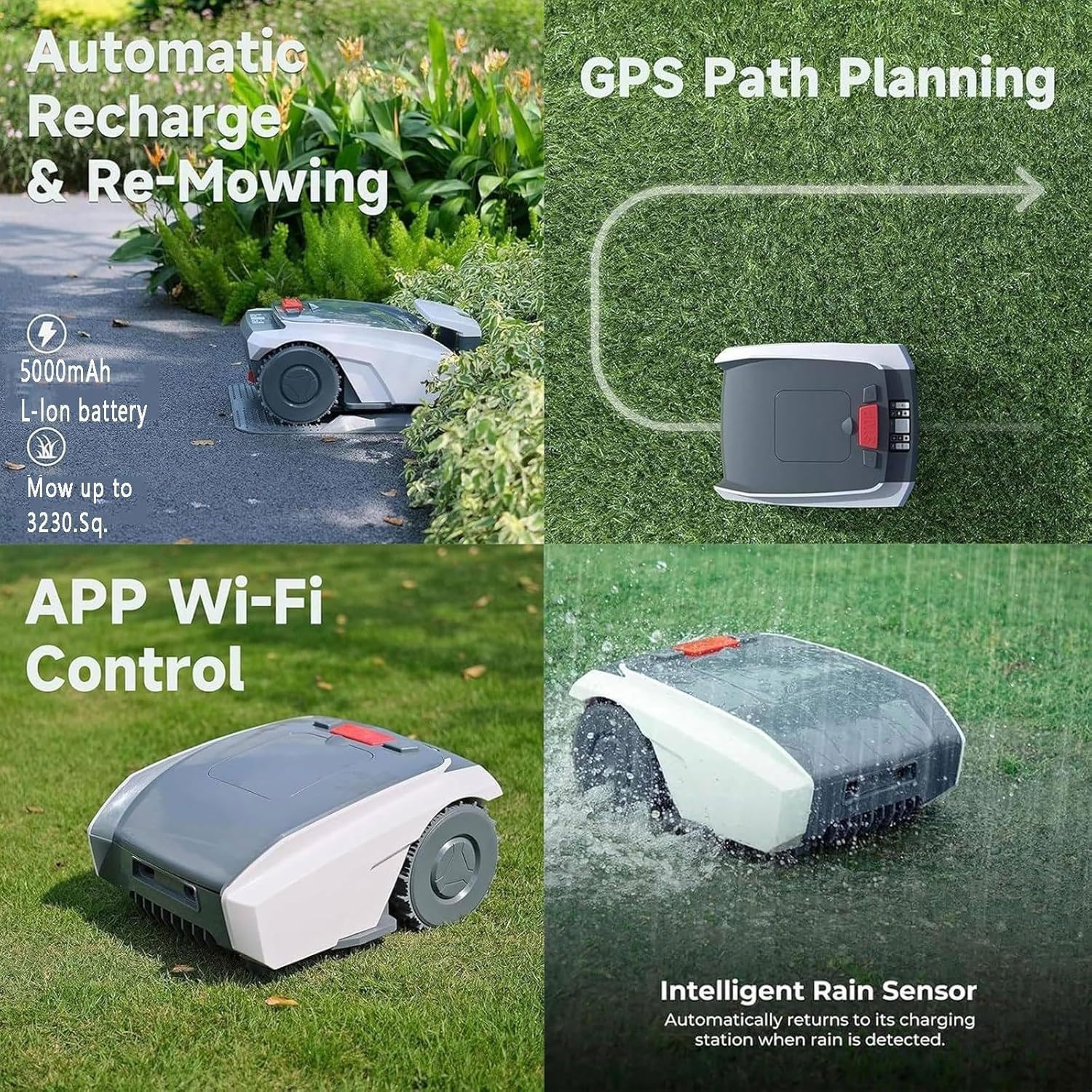 Robot Cortacésped para Césped De 1500 M2, Robot Cortacésped Automático Inteligente con Navegación GPS, Pendiente del 25%, Ultra Silencioso, Batería De Litio De 5.0Ah, Altura De Corte 20-50mm