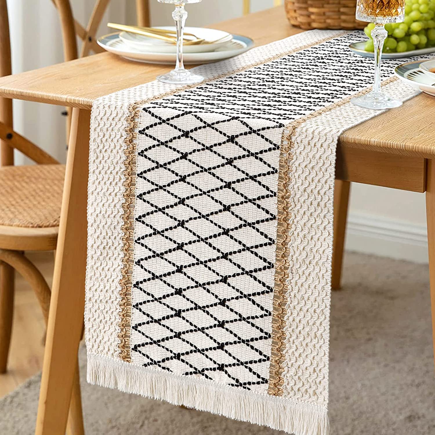 INFOSUNMacrame Table Runners Farmhouse Boho Table Runner Natural Cotton Linen Rustic Table Runners Farmhouse Style with Tassels for Wedding, Party and Dining Room Dresser Decor-12 x 79In-Black