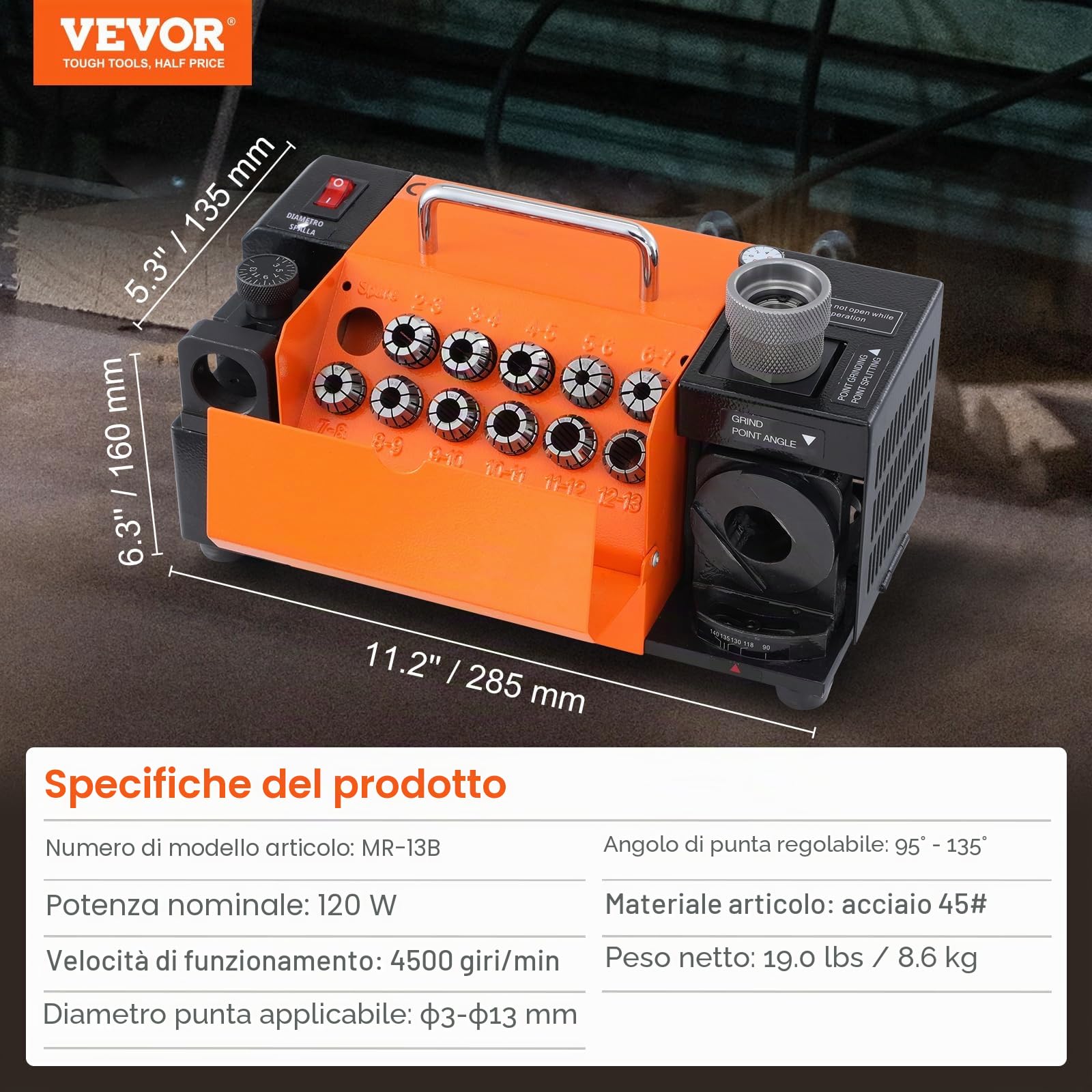 VEVOR Affilatrice per punte da trapano, affilatrice per punte da trapano da 3-13 mm, angolo di rilievo del labbro e angolo di 95°-135°, affilatrice portatile con 11 pinze, ruota CBN e SDC