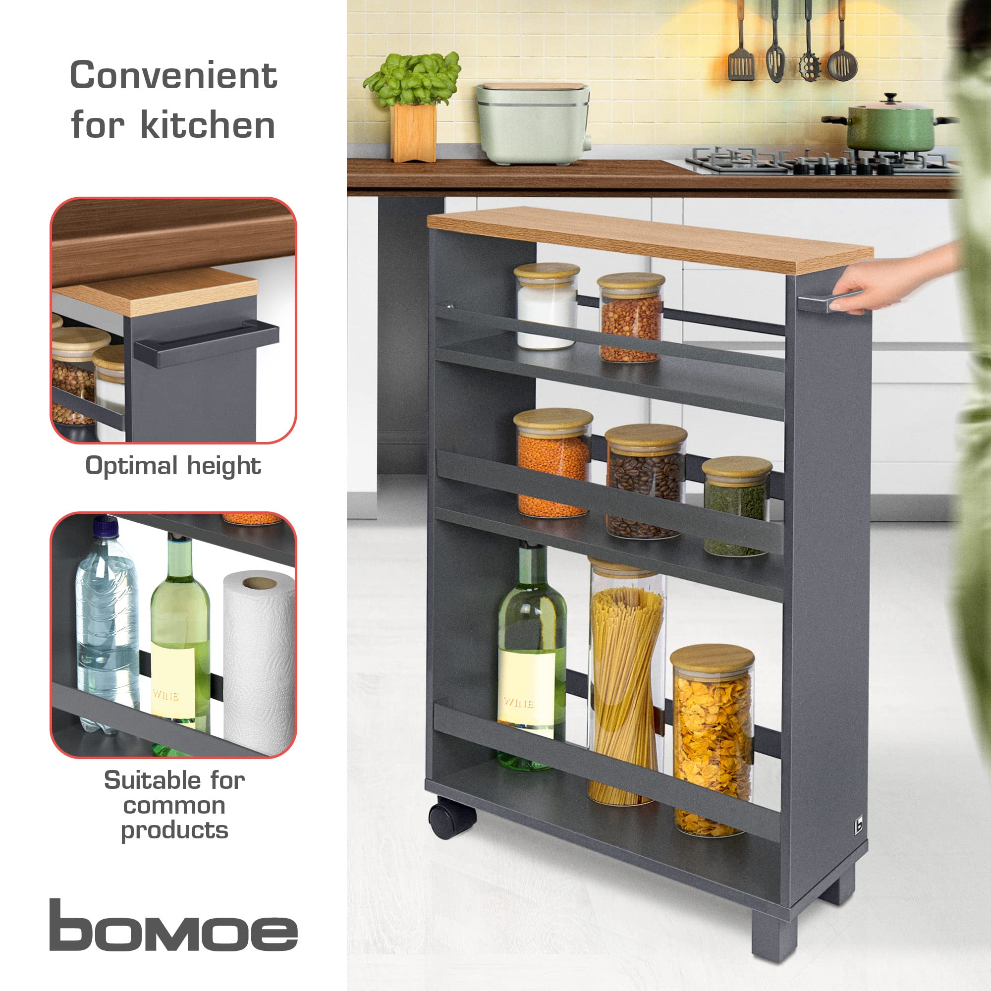 bomoe Carrello da Cucina Antracite Quercia Hylla - scaffale da Cucina 50x79x15 cm - Carrello con Ruote, 3 ripiani e piano lavoro in legno FSC® - Carrello da portata - mobile da Cucina e da Bagno