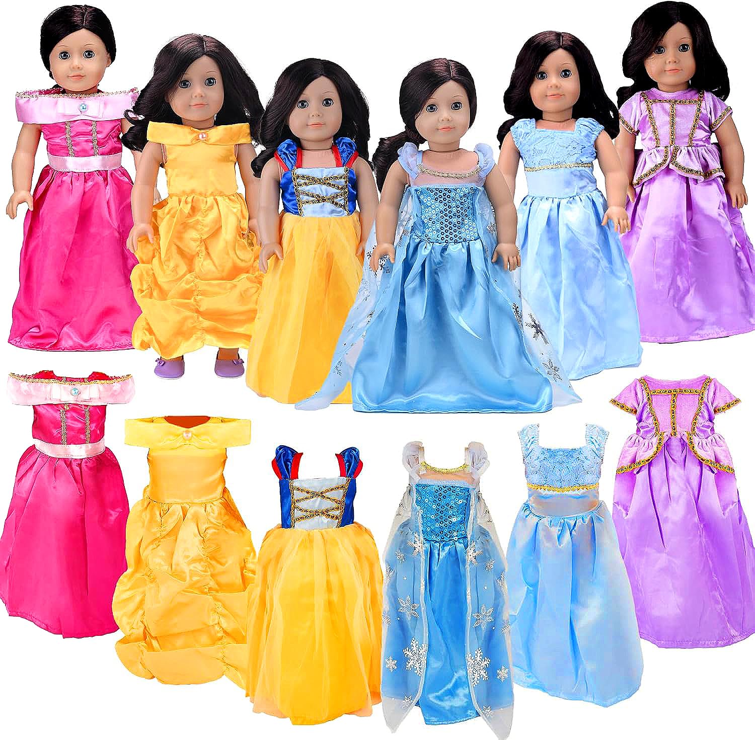 18 inch Doll Clothes Accessories -6Pcs Different Princess Costume Gift Fits All 18-inch Dolls Across Brands