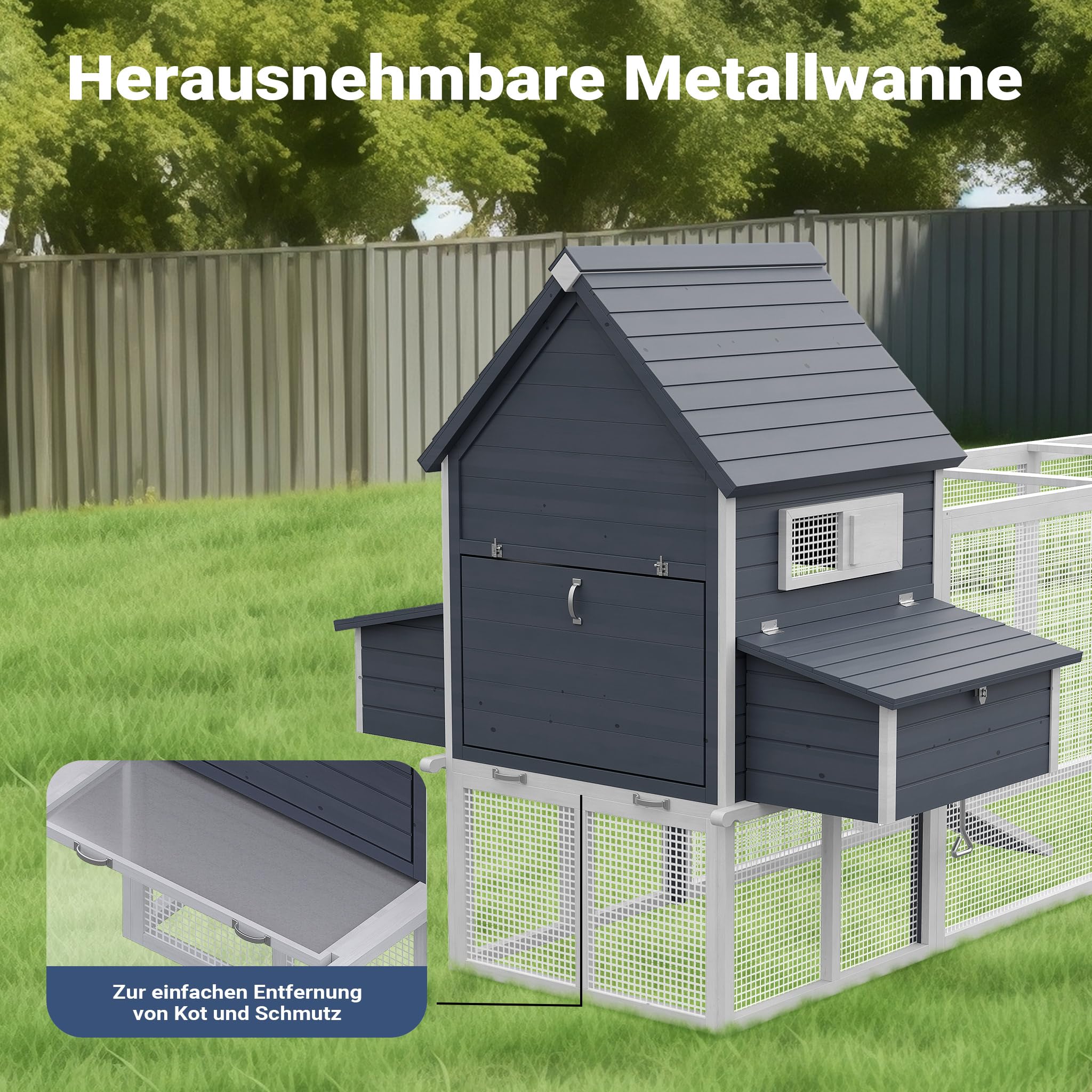 Wiltec Hühnerstall 3100 x 1500 x 1500 mm grau weiß mit Freilauf und Nistkästen aus Holz, Hühnerhaus mit Unterschlupf, Gitter und Kotwanne verzinkt
