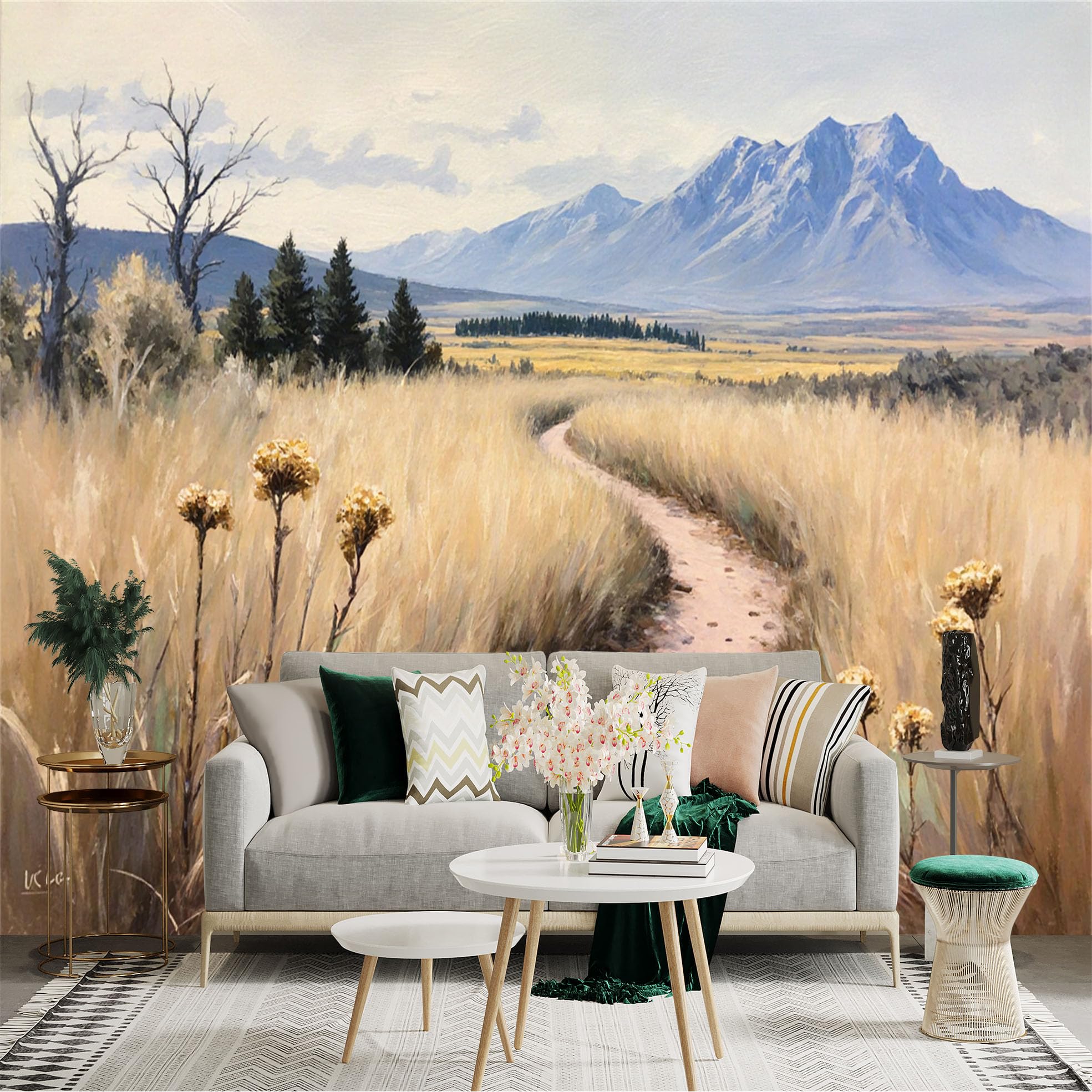Custom Size Wall Sticker Mural， Mountain Landscape with Winding Path and Golden Meadow， for wall Decoration， peelandstick wall Decals.