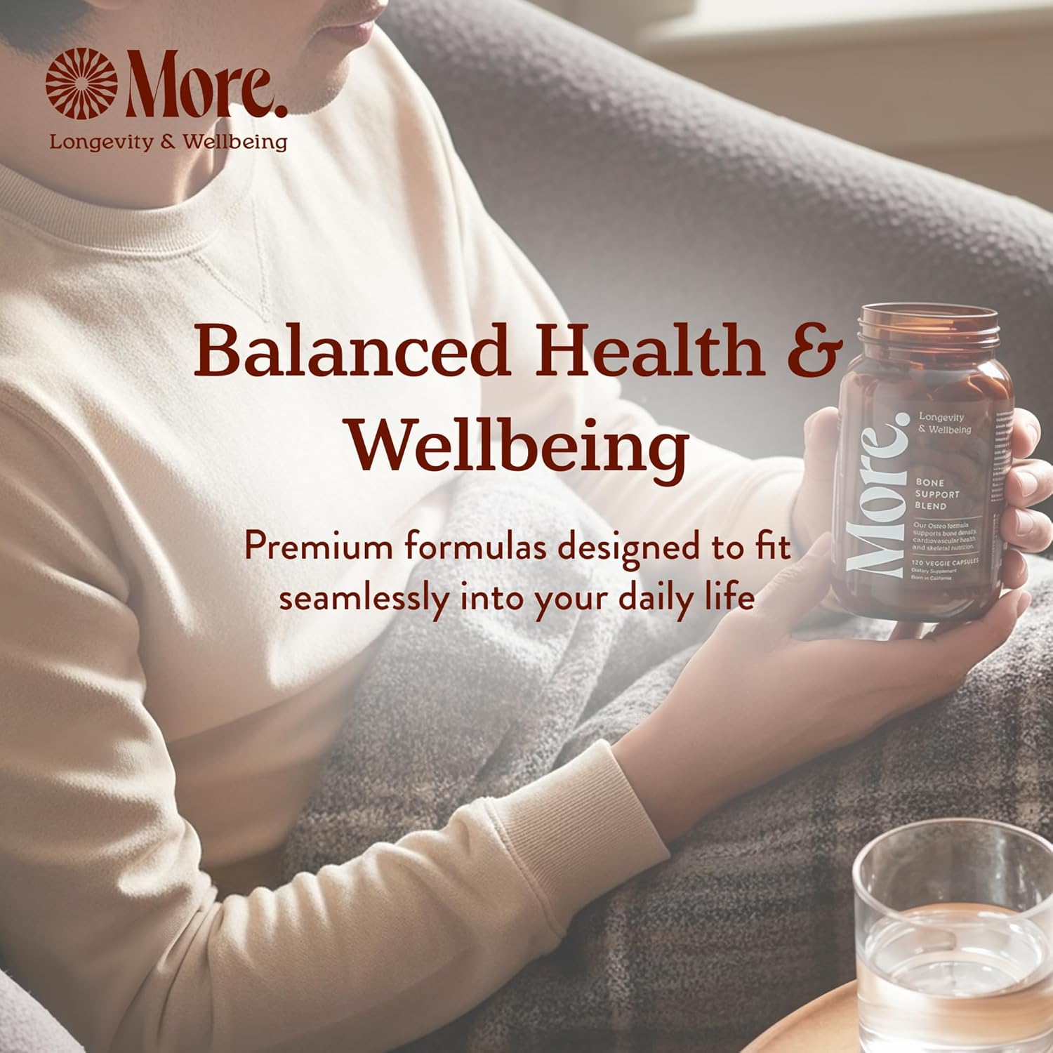 More. Longevity & Wellbeing Premium Calcium Supplement - Bone Strength Supplements with Magnesium, Vitamin D3 + K2 & Zinc for Bone Health Support - 4 Capsule Daily - Easy to Swallow - 120 Capsules - Image 7