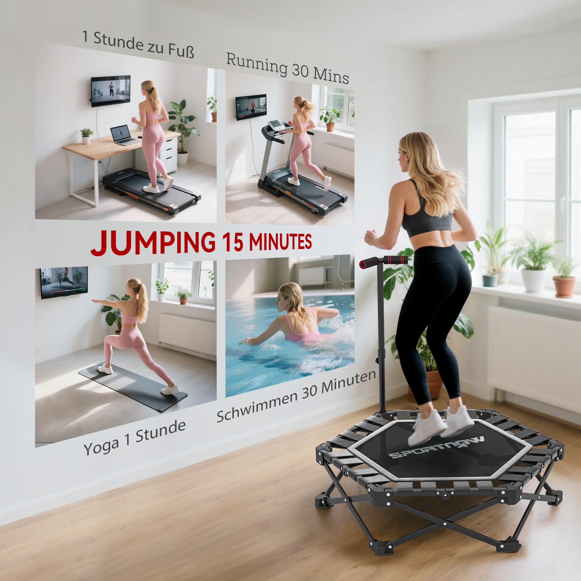 SPORTNOW Trampolino fitness pieghevole, Ø 104 cm, mini trampolino con meccanismo di piegatura rapida, 3 posizioni, regolabile in altezza, borsa di trasporto, trampolino, 120 kg, per interni ed esterni