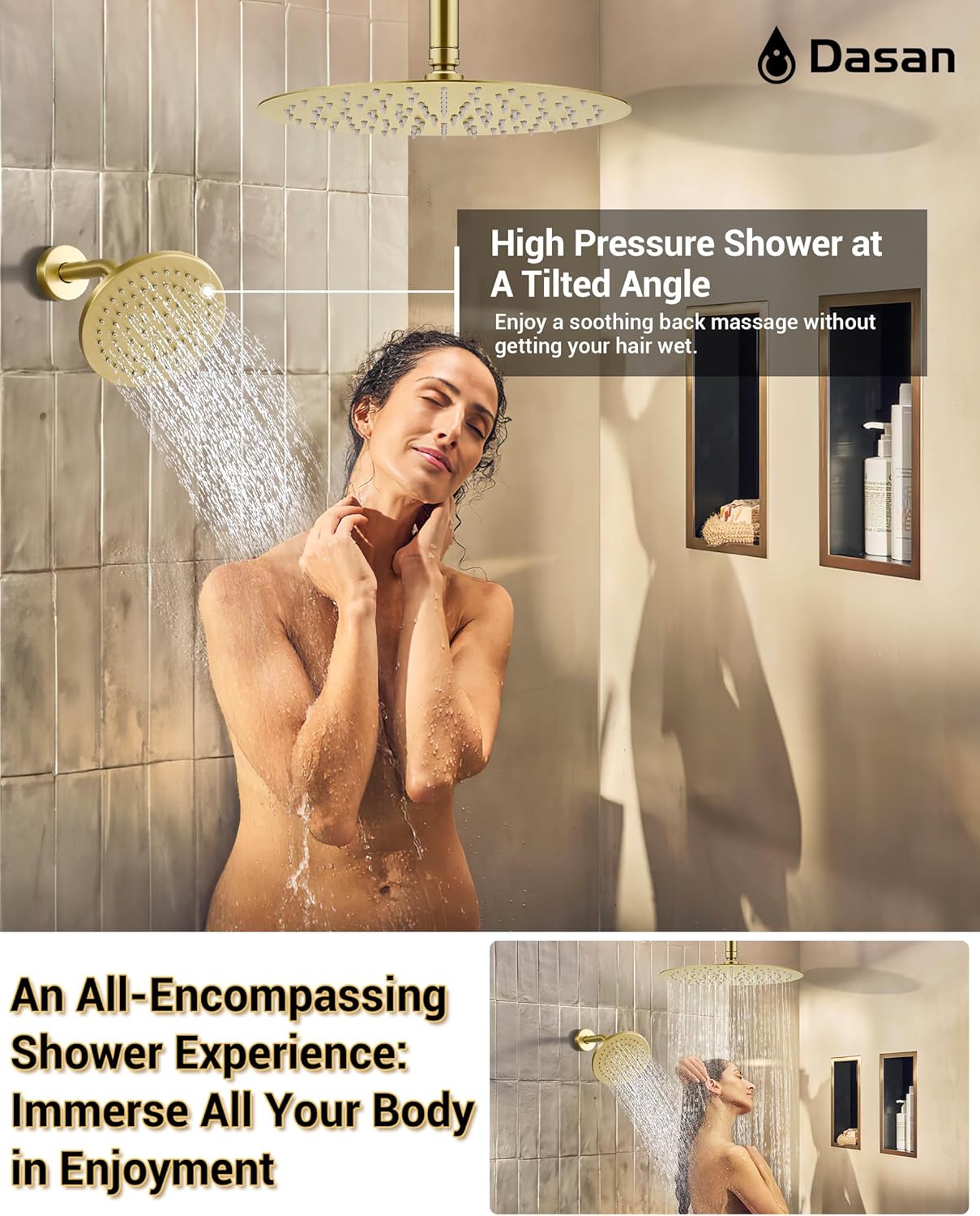 Dasan Rainfall Full Body Shower Faucet System with 12'' Round Shower & 6'' Round Shower,Brushed Gold Dual Shower Head Faucets Set with Handheld & Valve, Double Shower Head System for Couples/ 2-Person