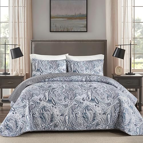Miniatura 11 de DJY Juego de edredón de paisley azul marino King, juego de colcha y cubrecama boho de 3 piezas, ropa de cama de microfibra suave y ligera con Azul