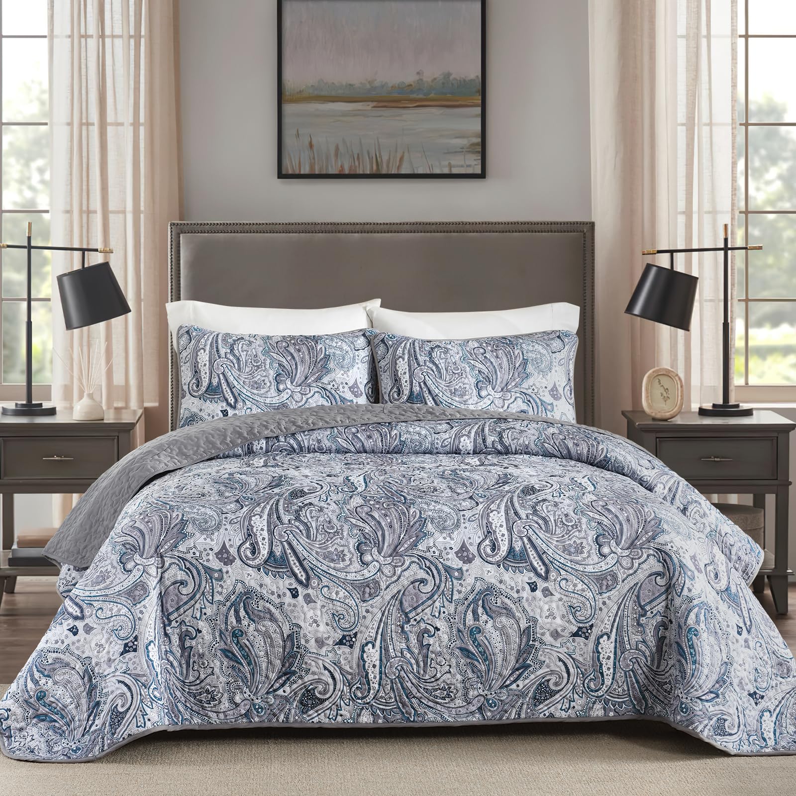 Amazon.com: DJY Grey Paisley Quilt Set Queen Size Boho Paisley