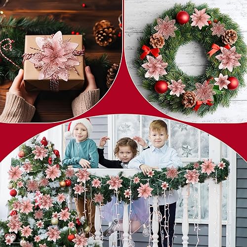 Miniatura 6 de Zeyune 36 flores de Pascua artificiales con purpurina de Navidad con clips, tallos de varios tamaños, adornos para árbol de Navidad para Navidad,