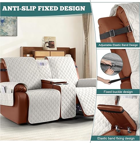 Miniatura 6 de Ruaozz Funda impermeable para sofá biplaza reclinable con consola, funda antideslizante para sofá reclinable dividido, con correas elásticas,