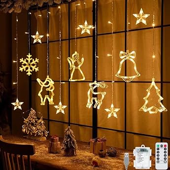 138-LED Light Curtain, 8 Modes, Fairy Lights with Stars and Christmas Motifs, Battery and USB Operated, Christmas Lighting fo
