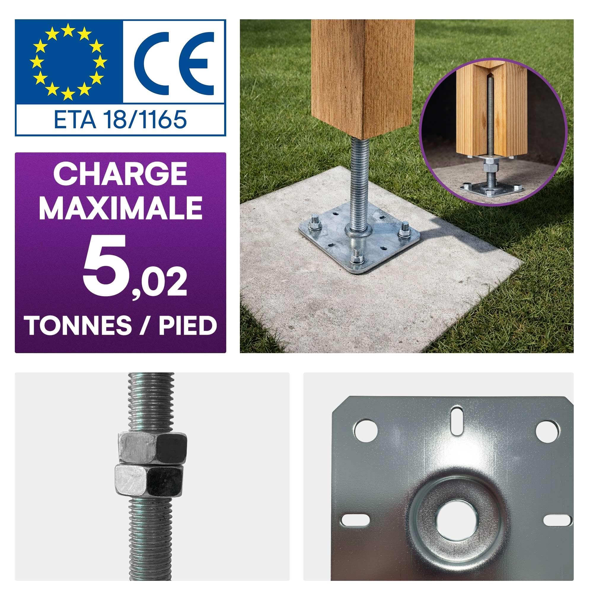 4 embases pied de poteau carrée réglable par vis - à visser - Platine 100x100mm - M24 - Acier galvanisé - Fabrication Europe