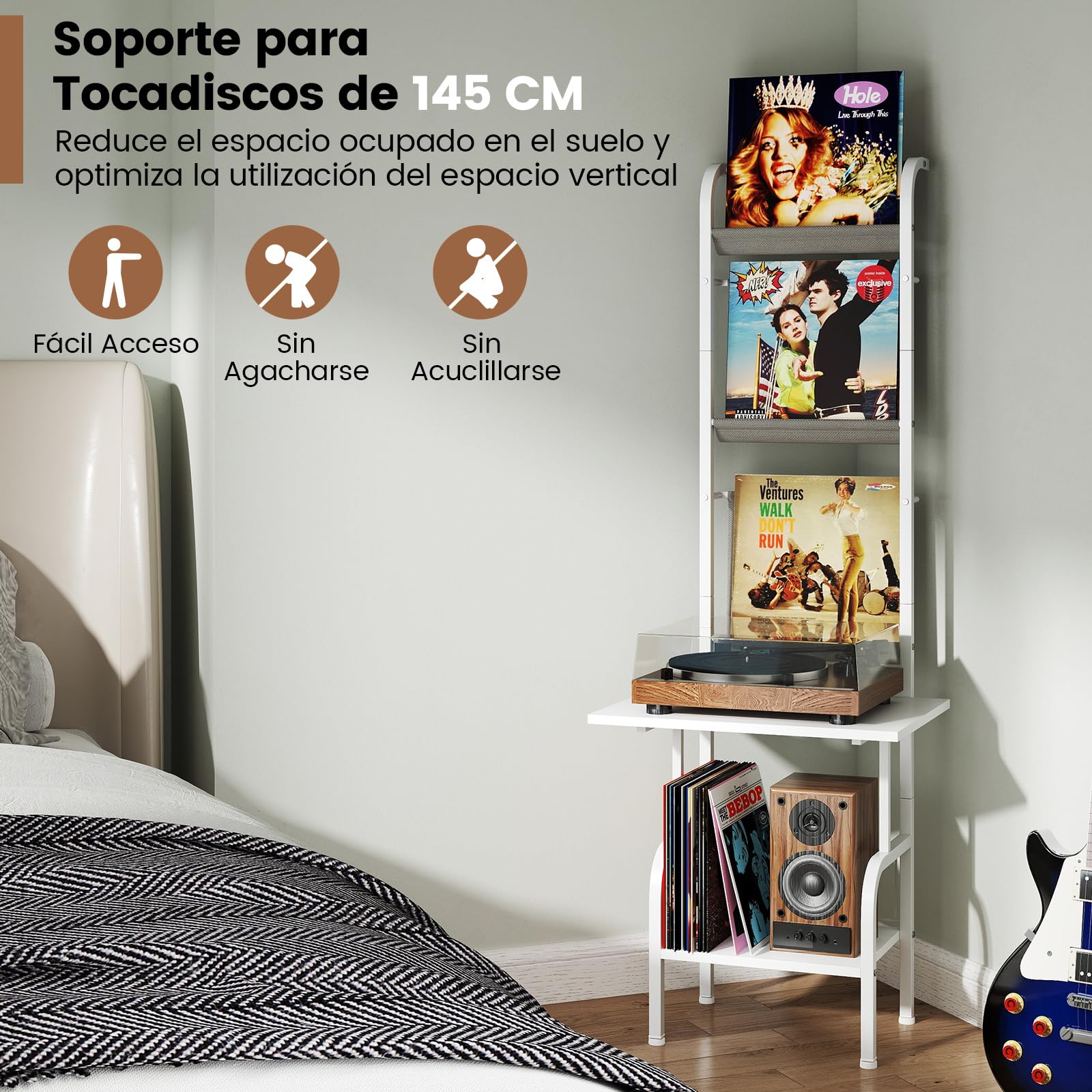 GOPLUS Soporte para Tocadiscos con Almacenamiento de 5 Niveles, Estantería Organizador para Vinilos con Juegos Antivuelco, Soporte para Tocadiscos con 3 Estantes para Discos de Vinilo (Blanco)