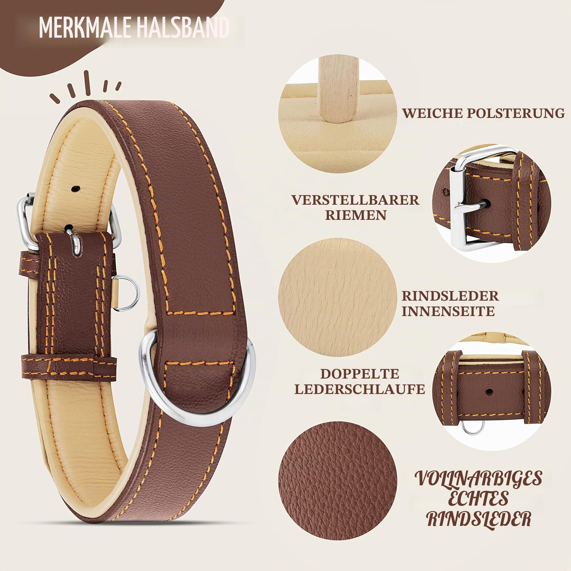 Riparo Echtes Leder Verstellbares Hundehalsband mit Zusätzlicher Verstärkung (XXL: 5CM Breit für 60,9CM - 73,7CM Hals, Braun)