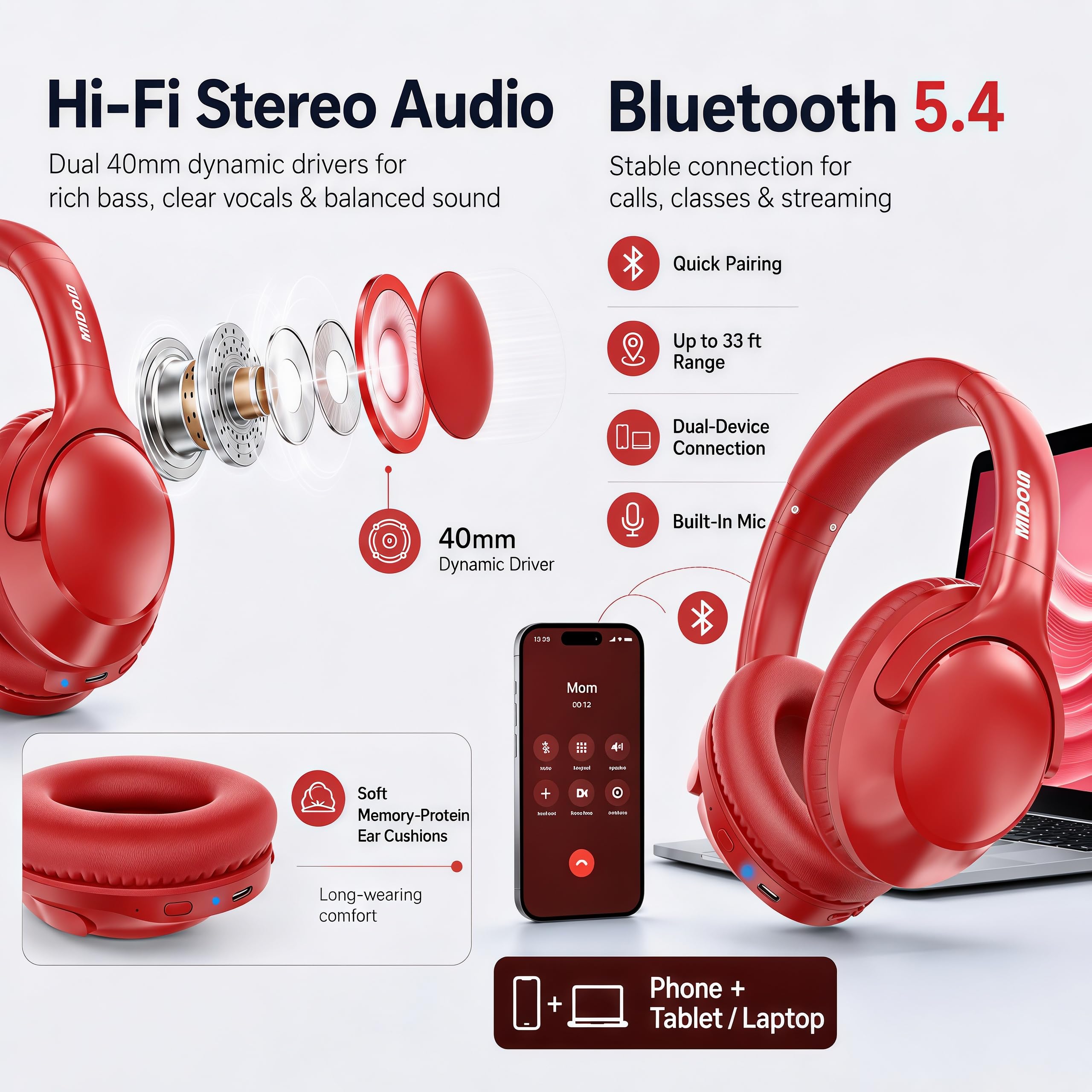 MIDOLA Auriculares Bluetooth sobre la oreja 68H Tiempo de reproducción 6 EQ Auriculares inalámbricos con micrófono HiFi Estéreo Plegable Ligero Deep Bass para Viajes Casa Oficina Teléfono Celular Rojo