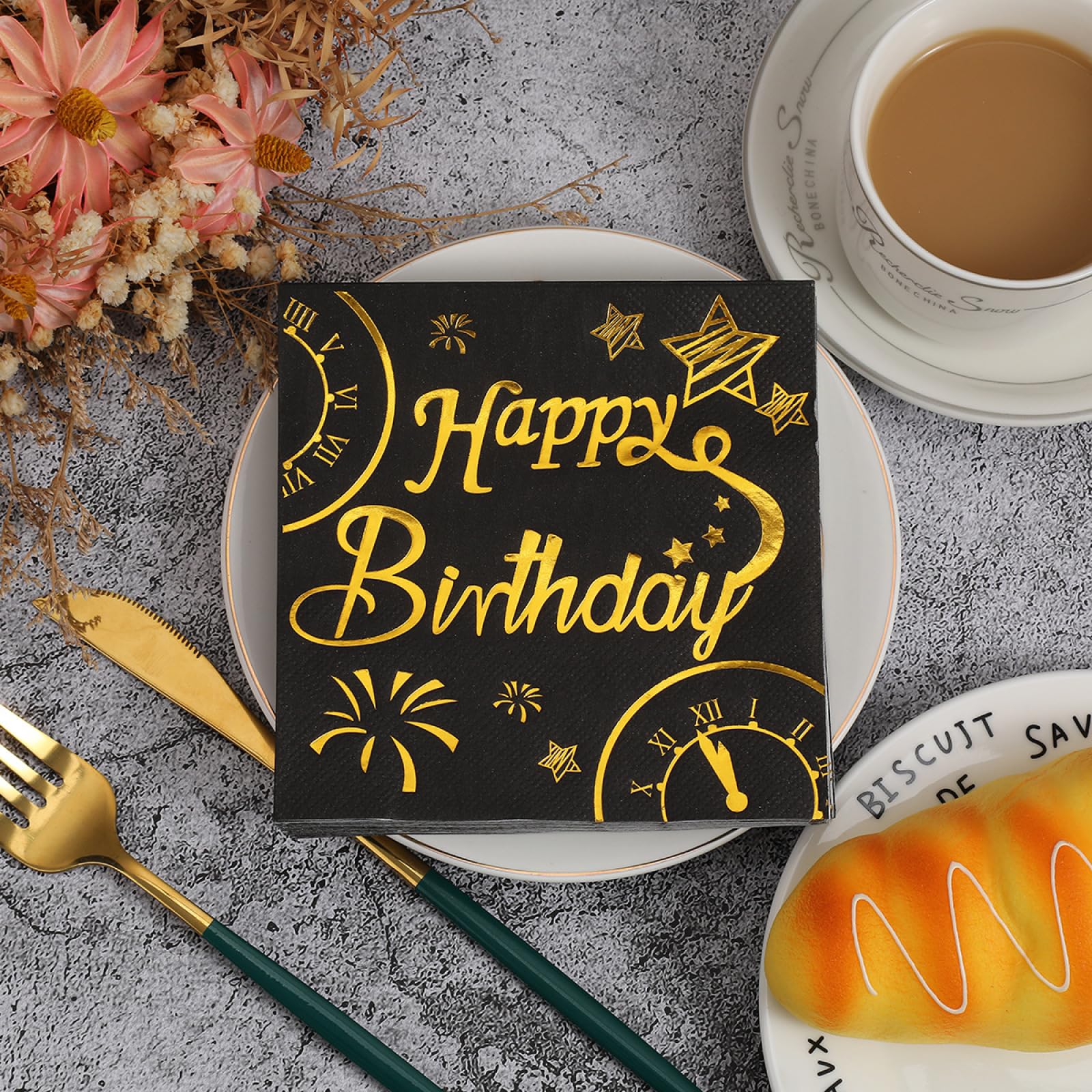 Servietten Goldenes Feuerwerk Happy Birthday Servietten Hochzeit Kindergeburtstag Cocktailservietten Party Geburtstagsservietten Servierten Disposable Napkins Pack of 30(33x33cm)